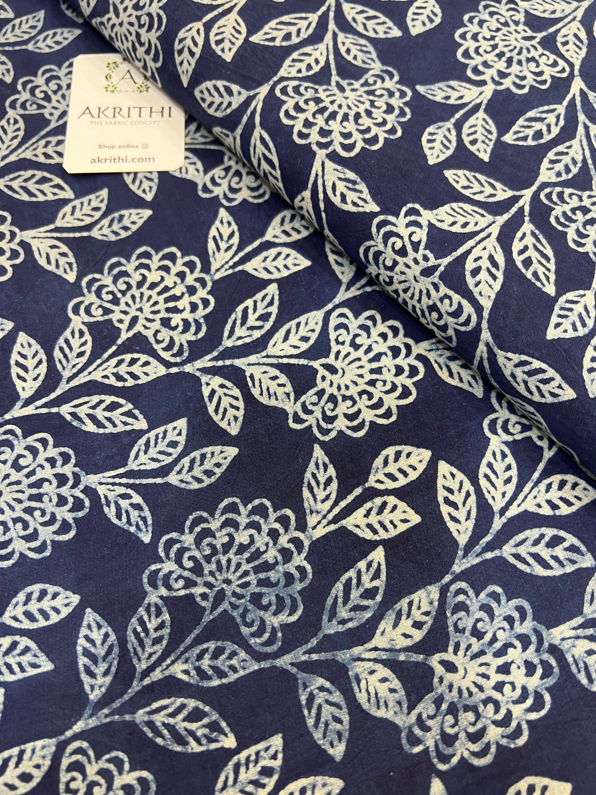 Indigo hand block printed pure cotton fabric