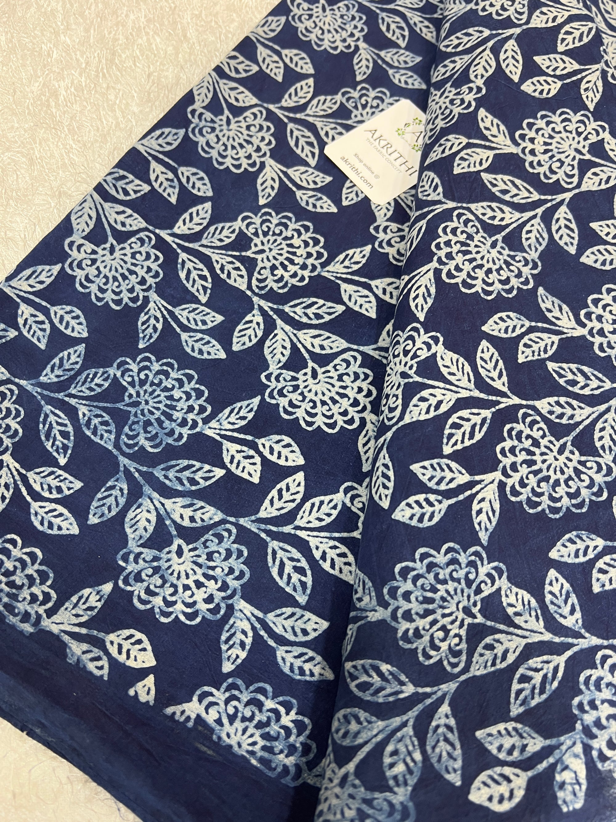 Indigo hand block printed pure cotton fabric
