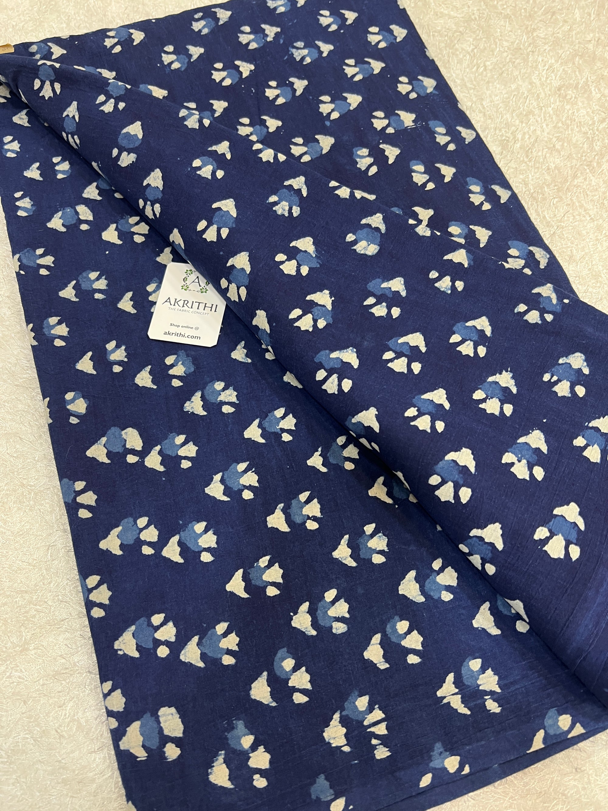 Indigo hand block printed pure cotton fabric