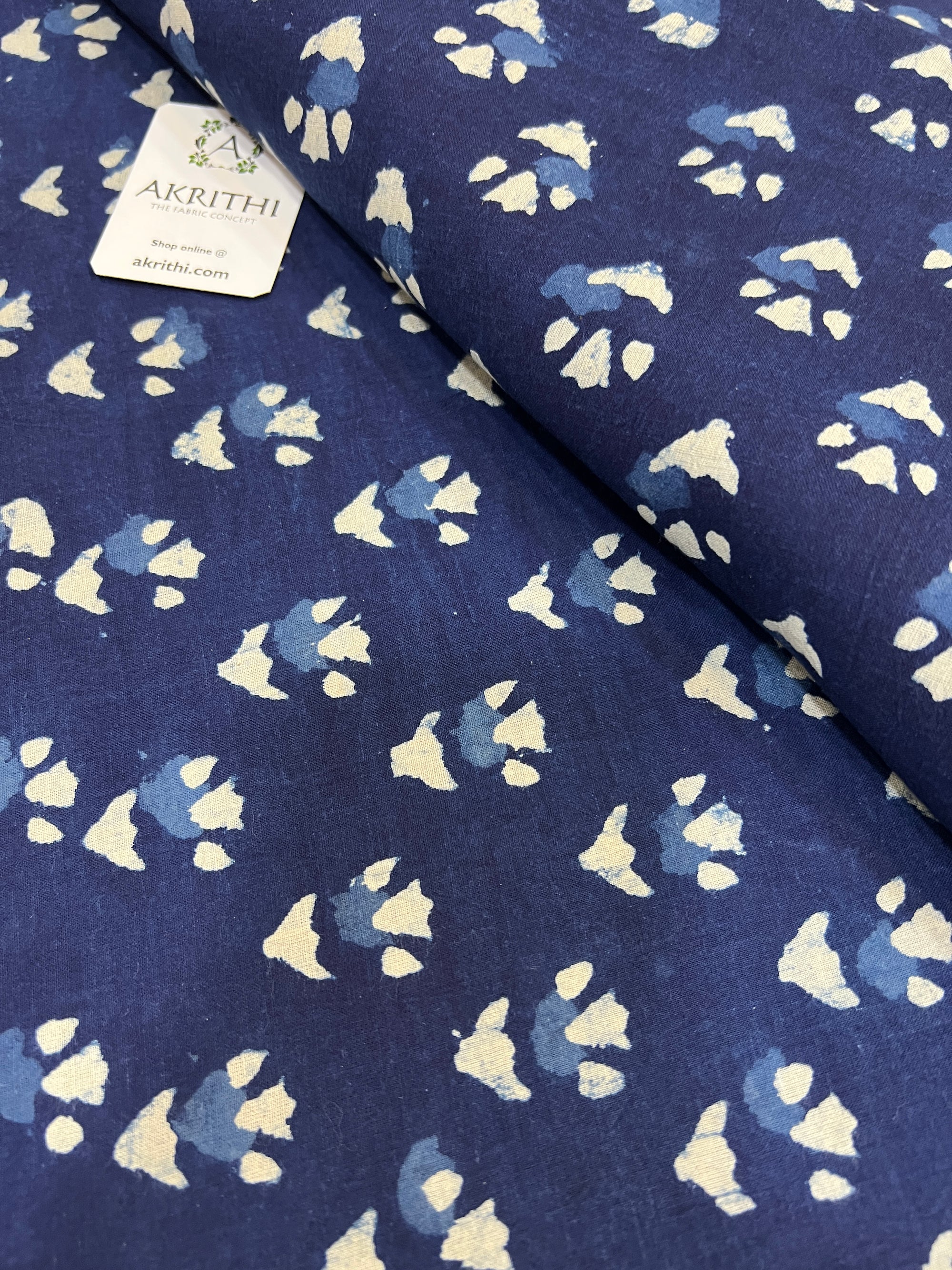 Indigo hand block printed pure cotton fabric