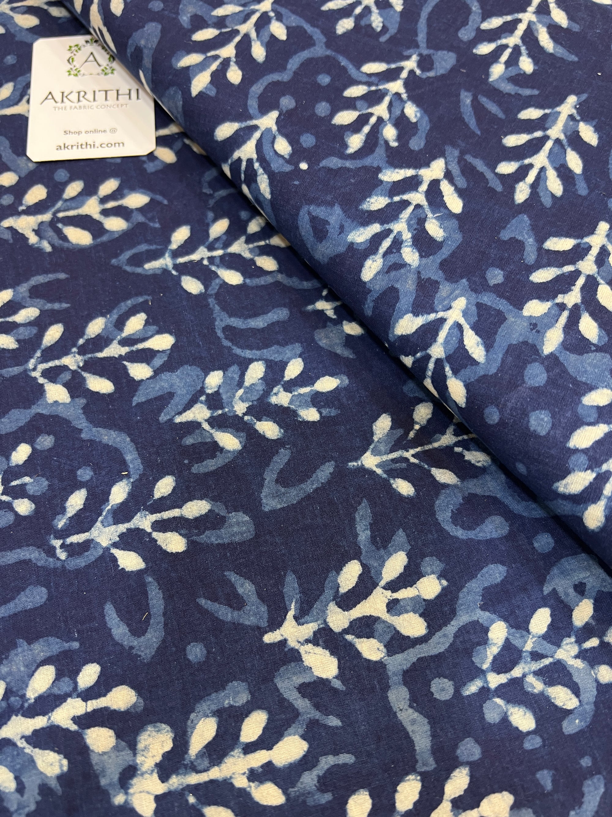 Indigo hand block printed pure cotton fabric