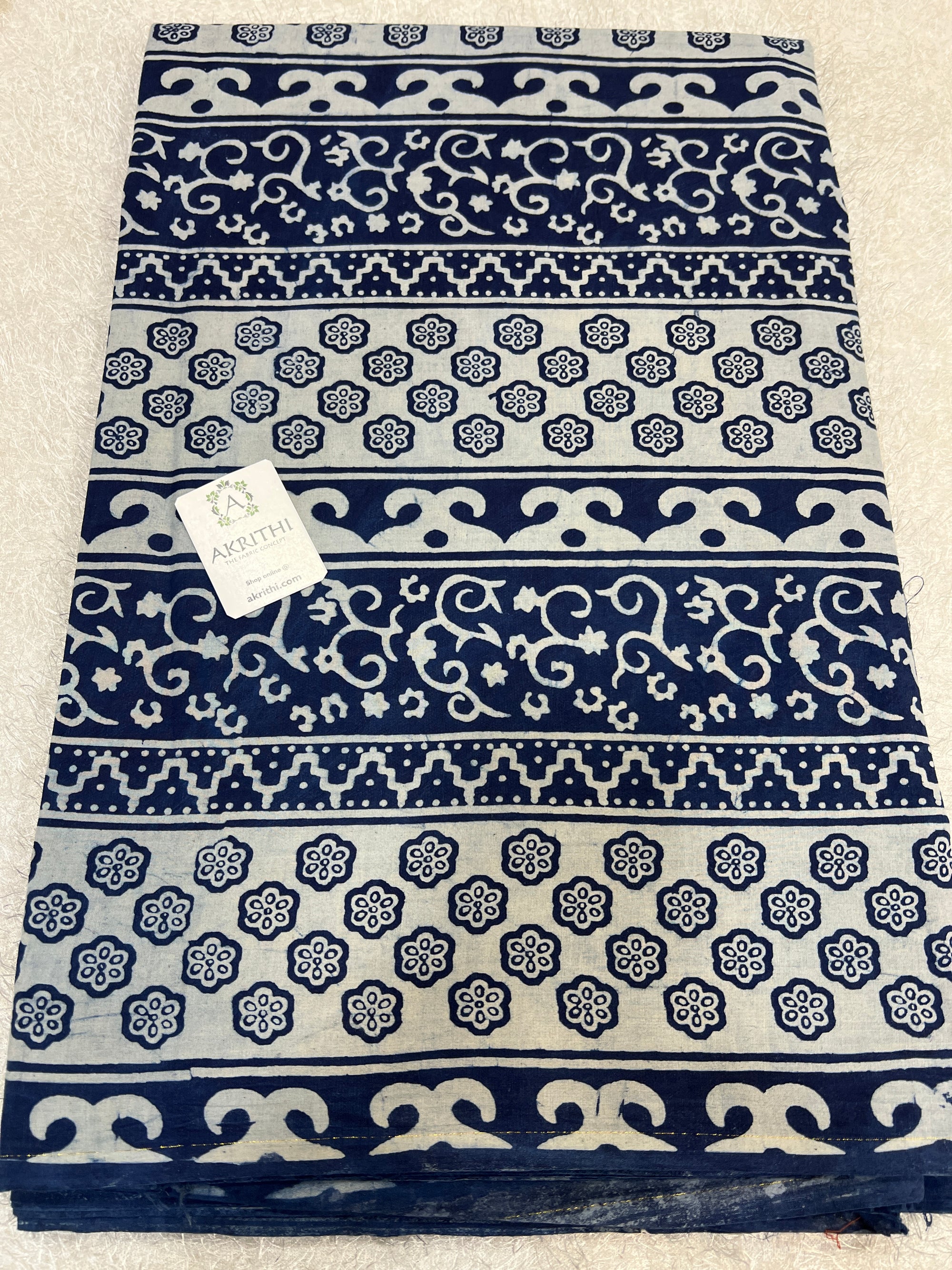 Indigo hand block printed pure cotton fabric