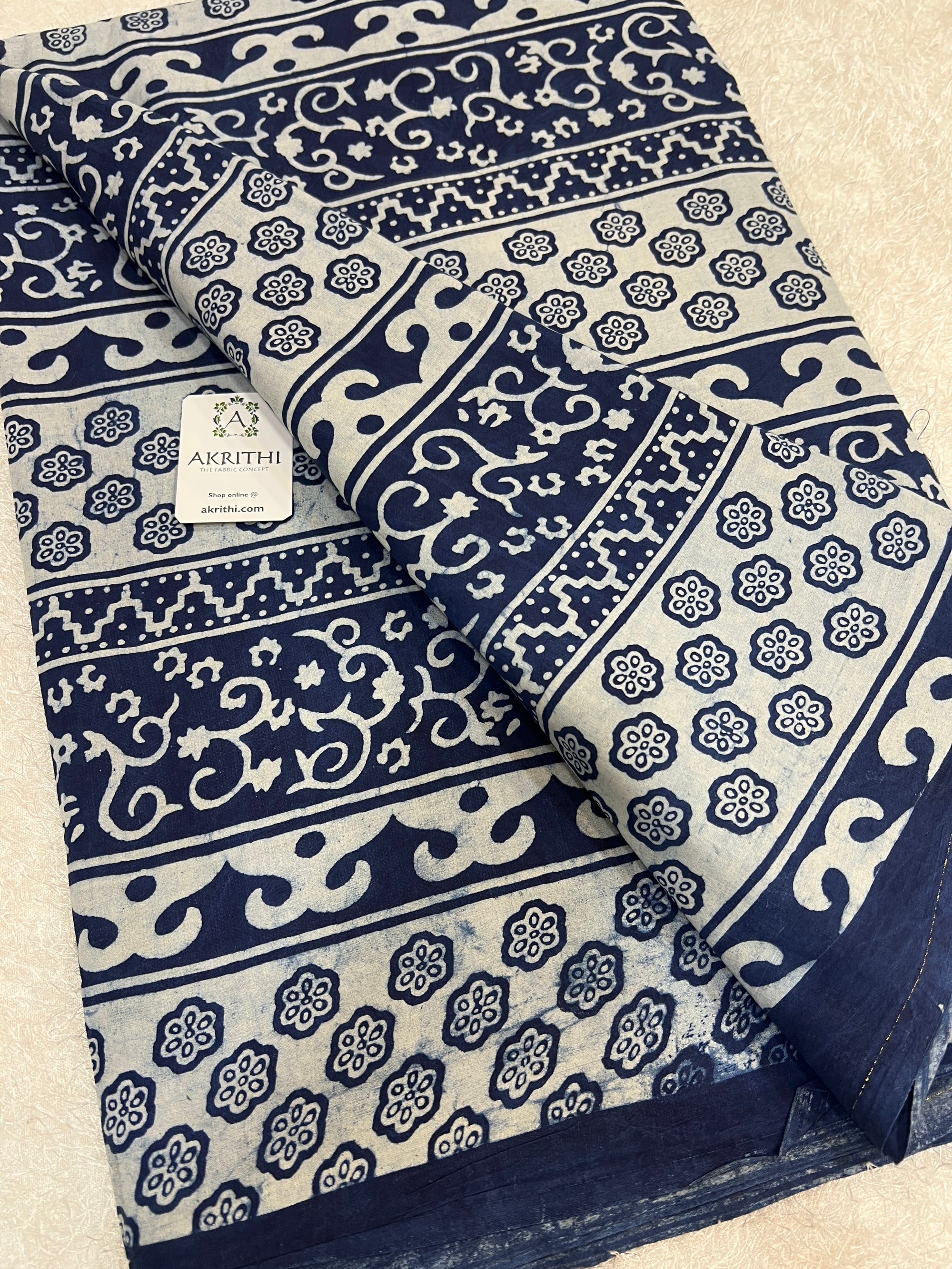 Indigo hand block printed pure cotton fabric