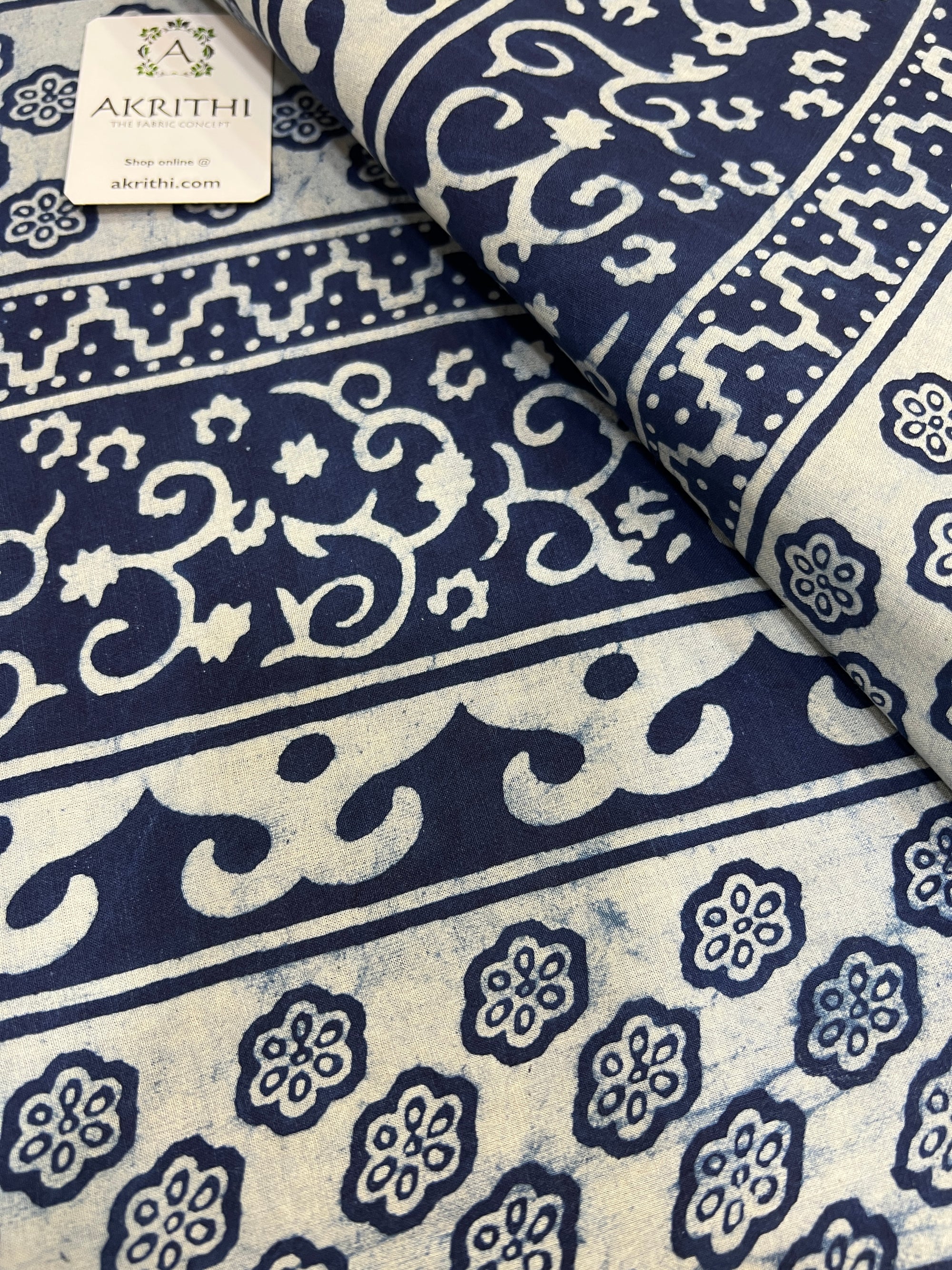 Indigo hand block printed pure cotton fabric
