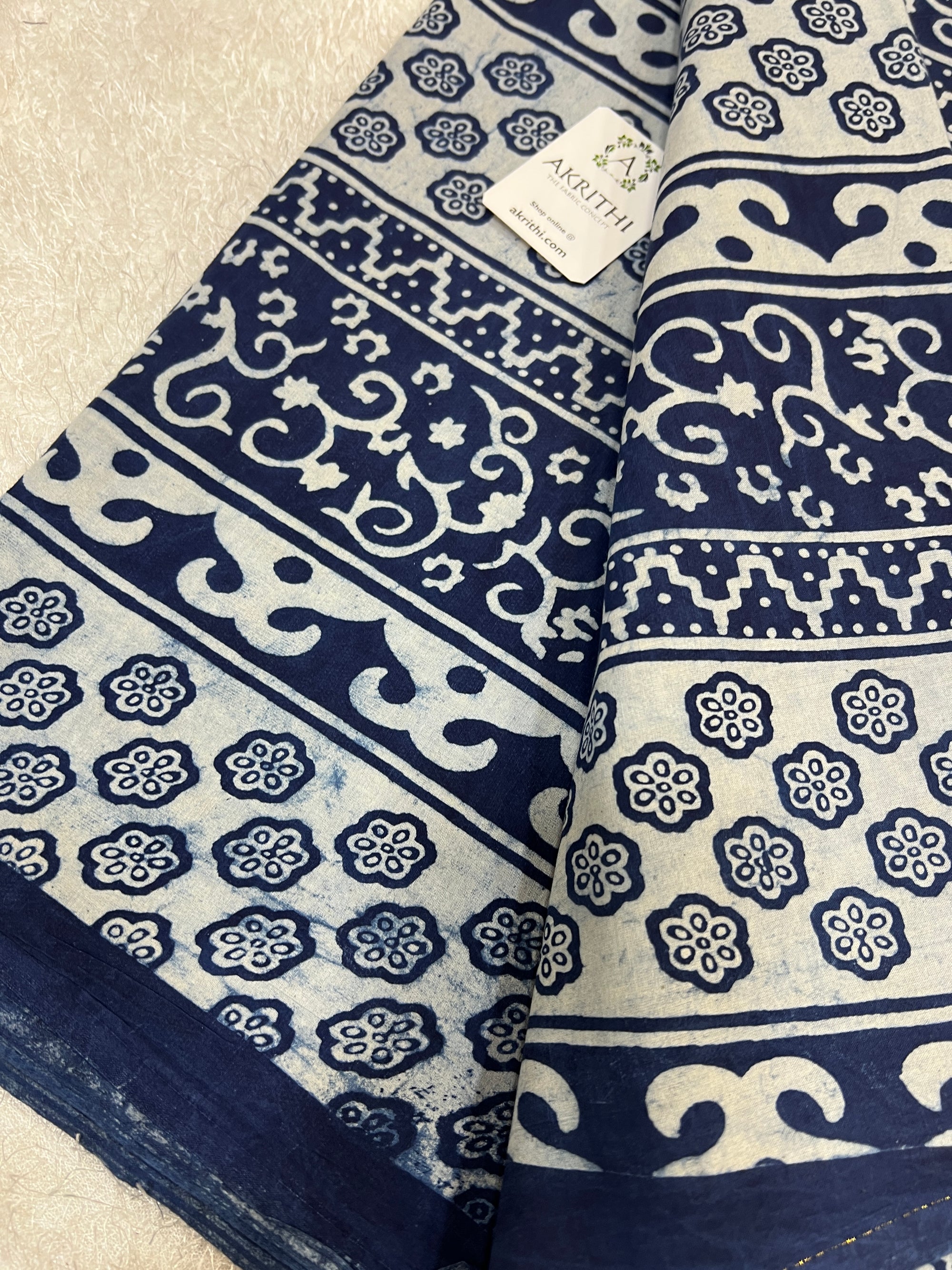 Indigo hand block printed pure cotton fabric