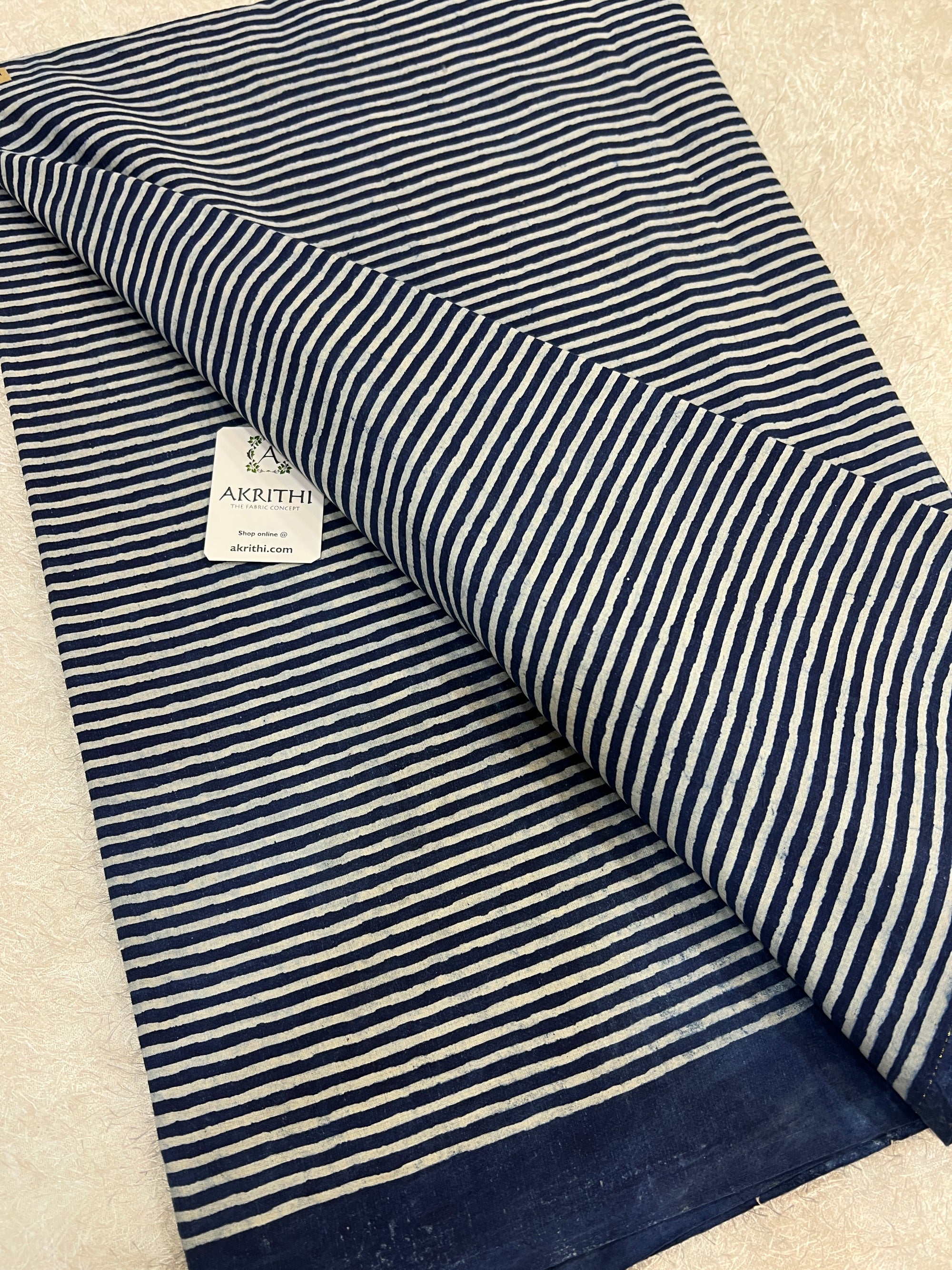 Indigo hand block printed pure cotton fabric