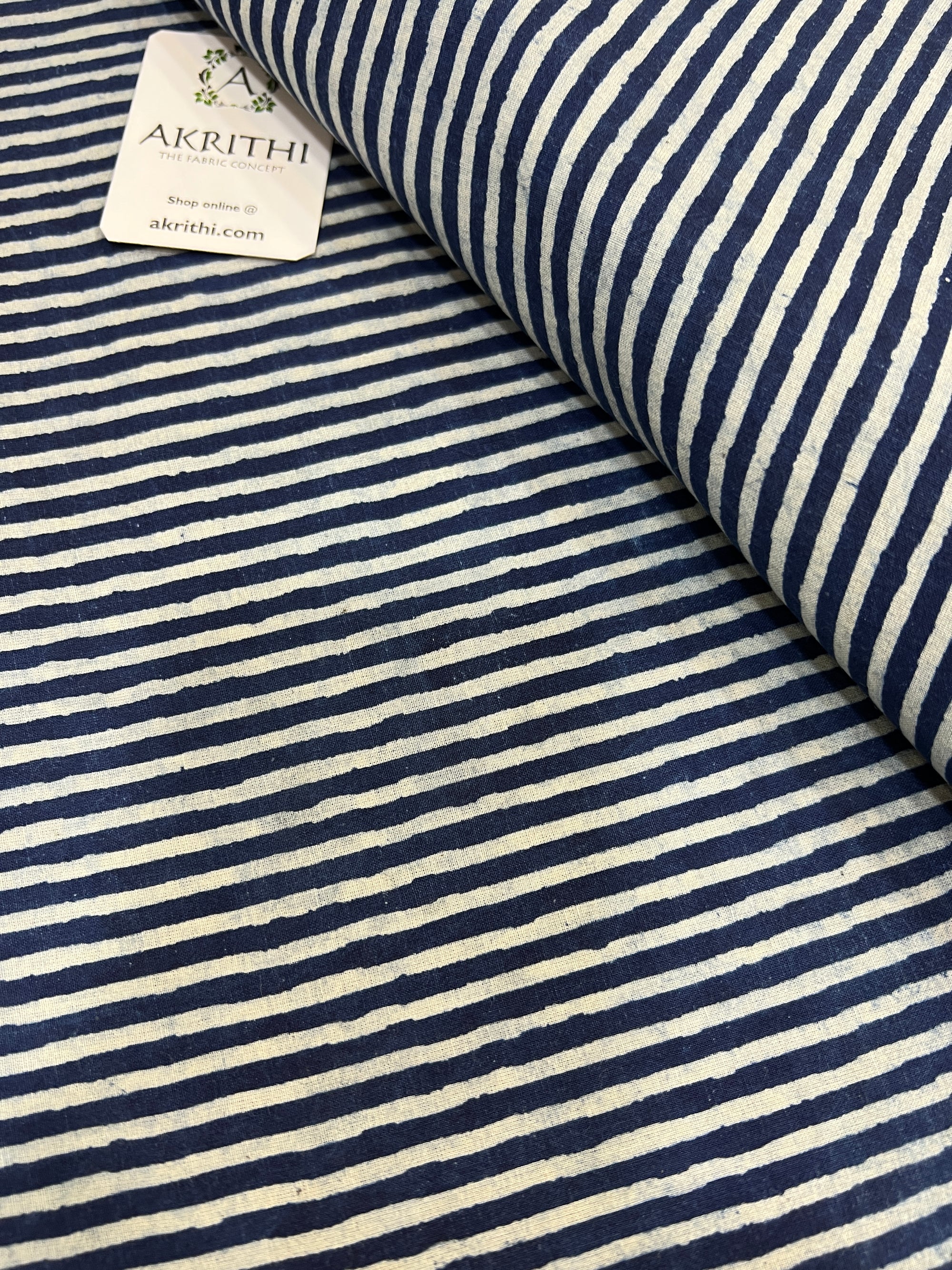 Indigo hand block printed pure cotton fabric