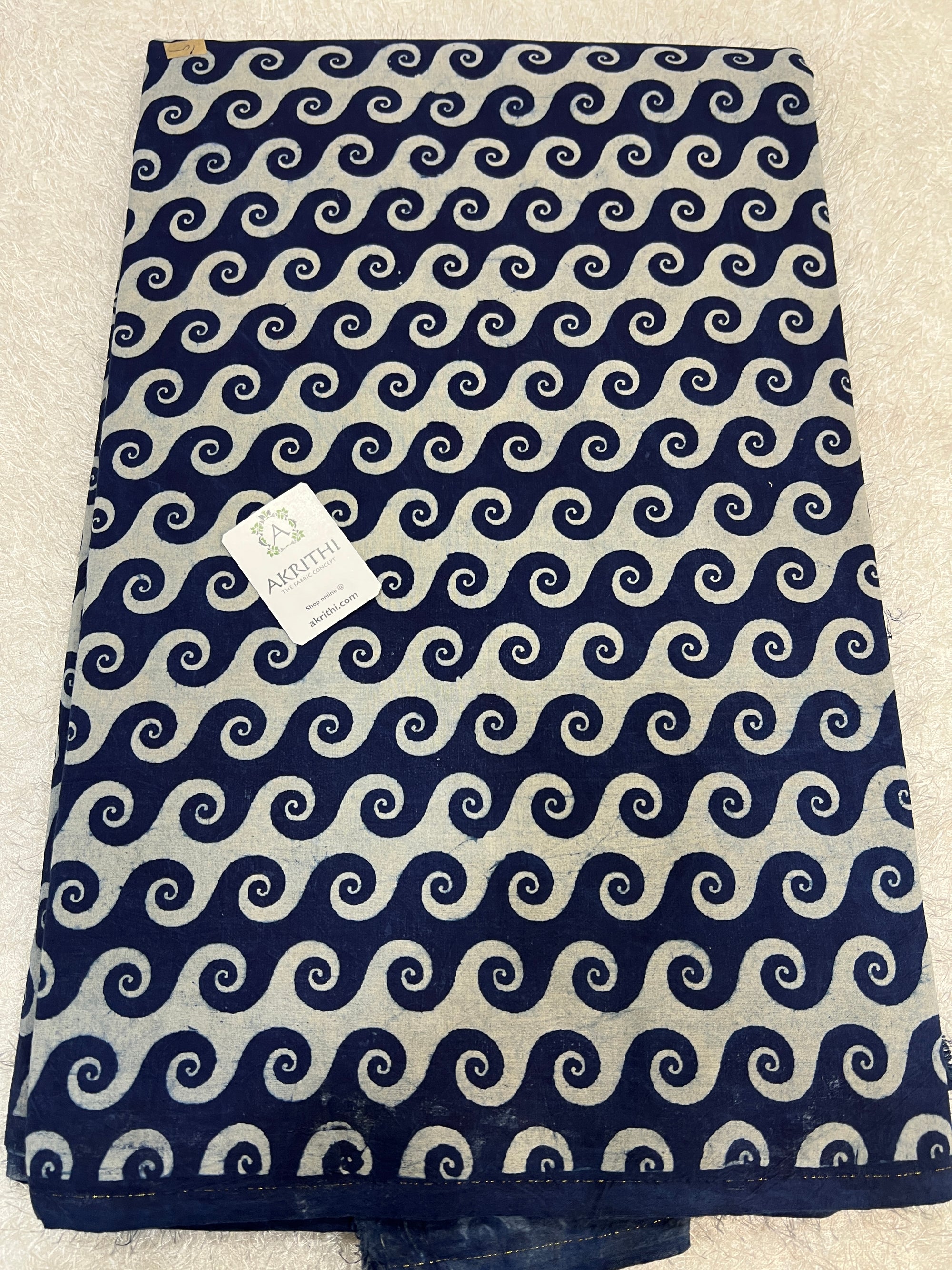 Indigo hand block printed pure cotton fabric