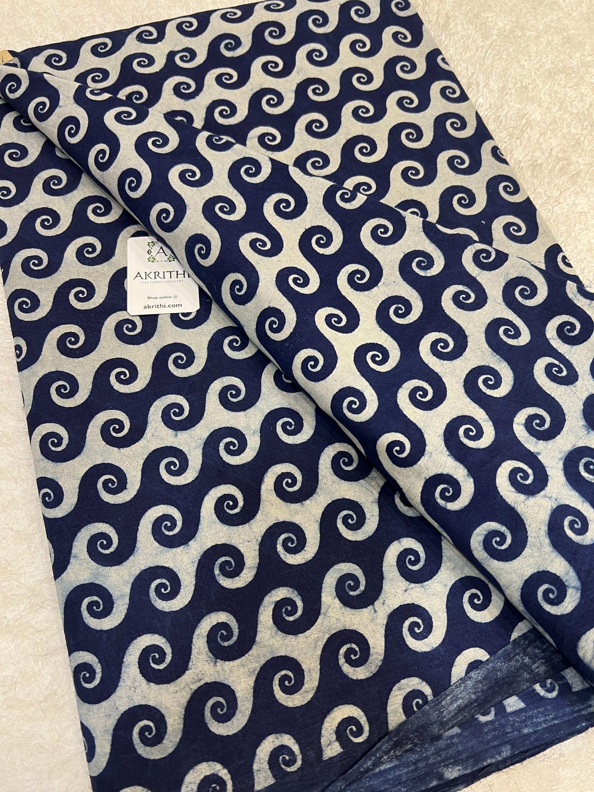 Indigo hand block printed pure cotton fabric