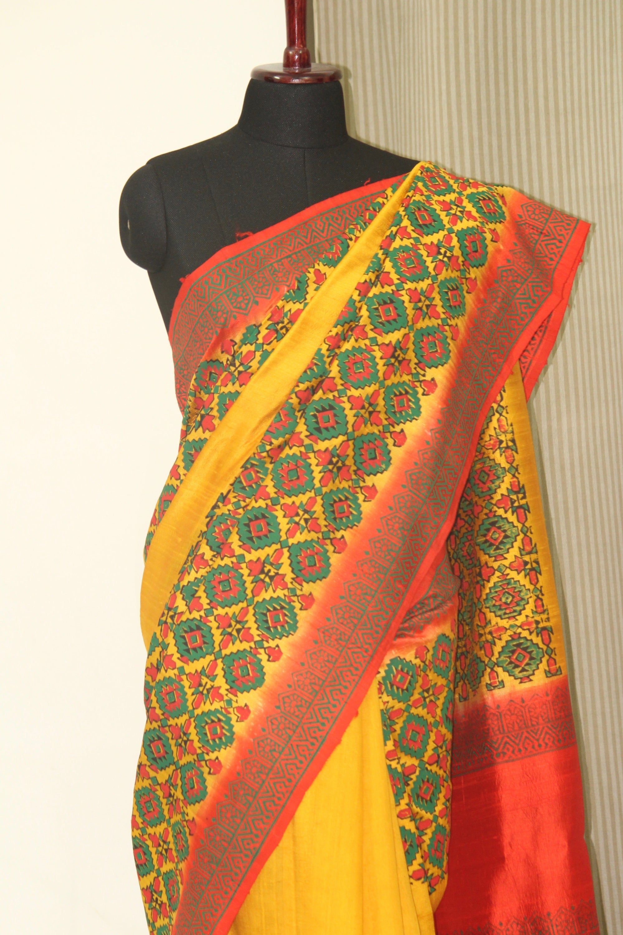 Dupion pure raw silk saree with block print