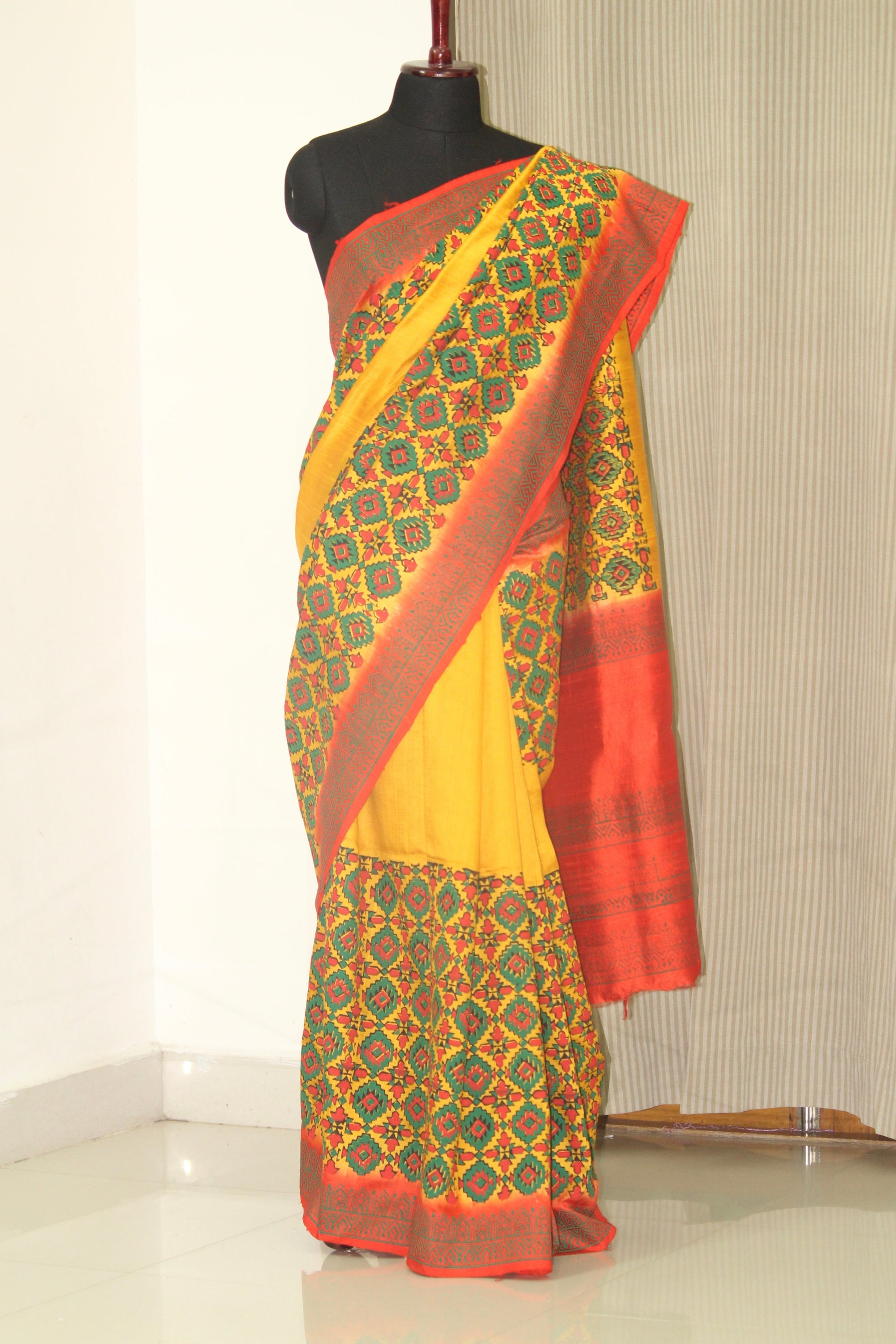 Dupion pure raw silk saree with block print