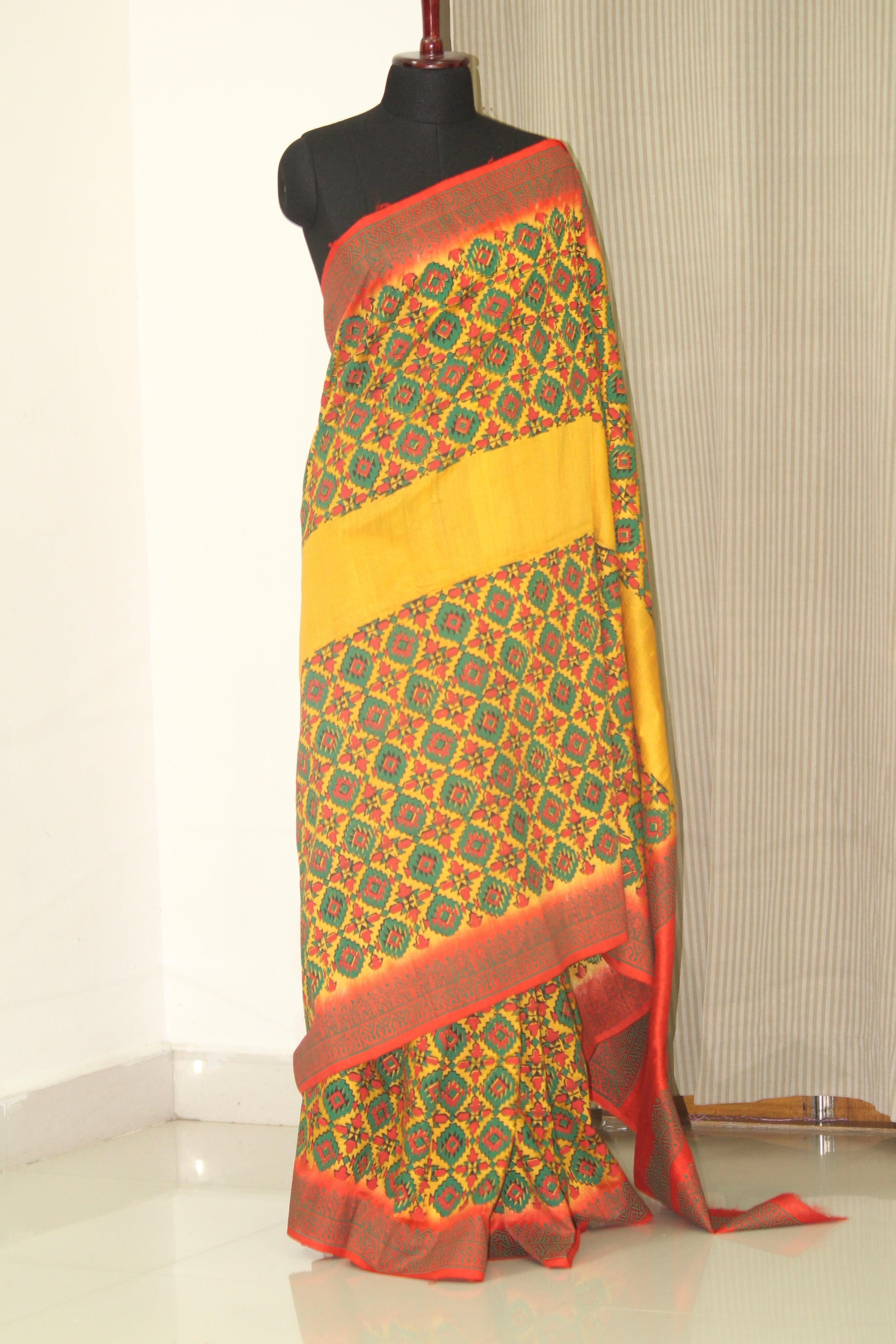 Dupion pure raw silk saree with block print