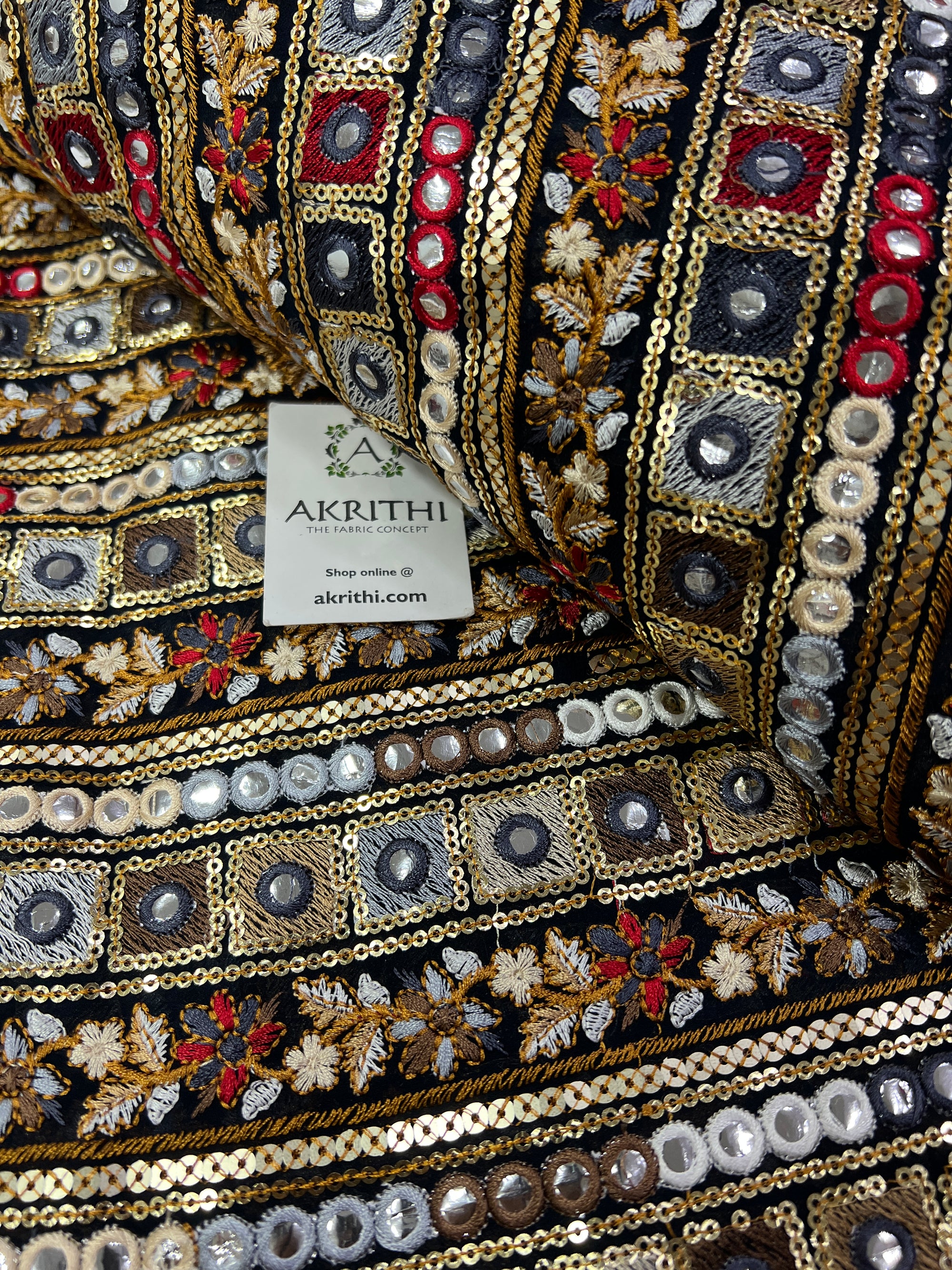 Mirror Embroidery on navy blue Georgette fabric