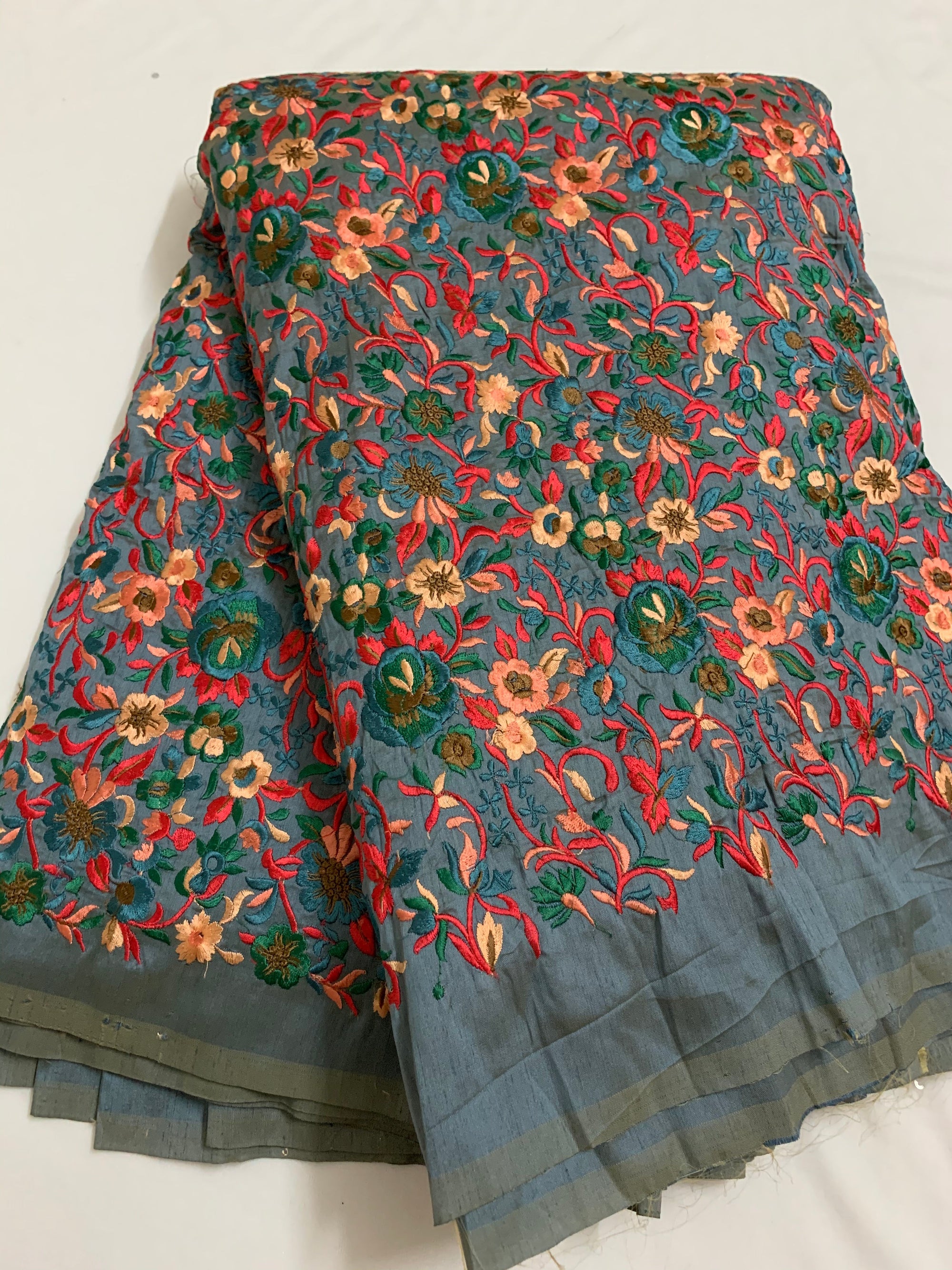 Embroidery on raw silk fabric