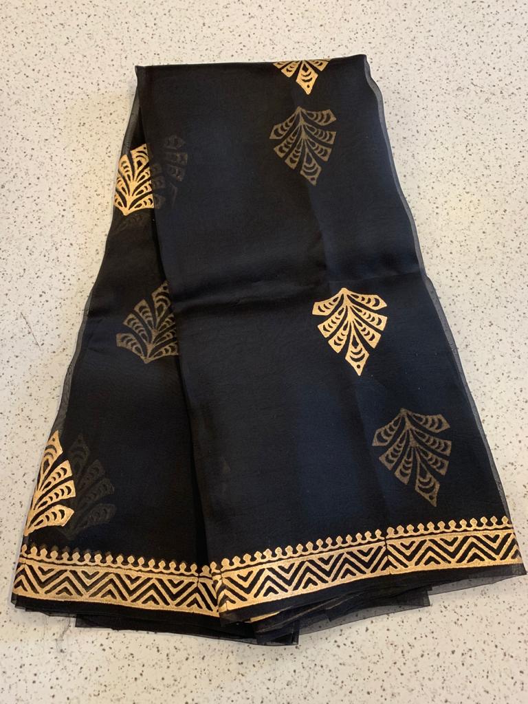 BLOCK PRINTED PURE SILK ORGANZA SAREE