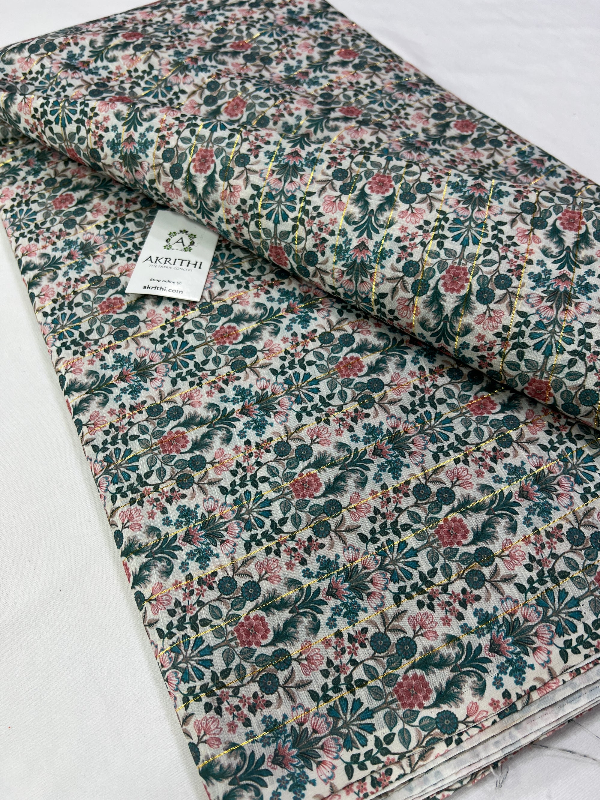 Digital printed munga cotton fabric with Zari lines