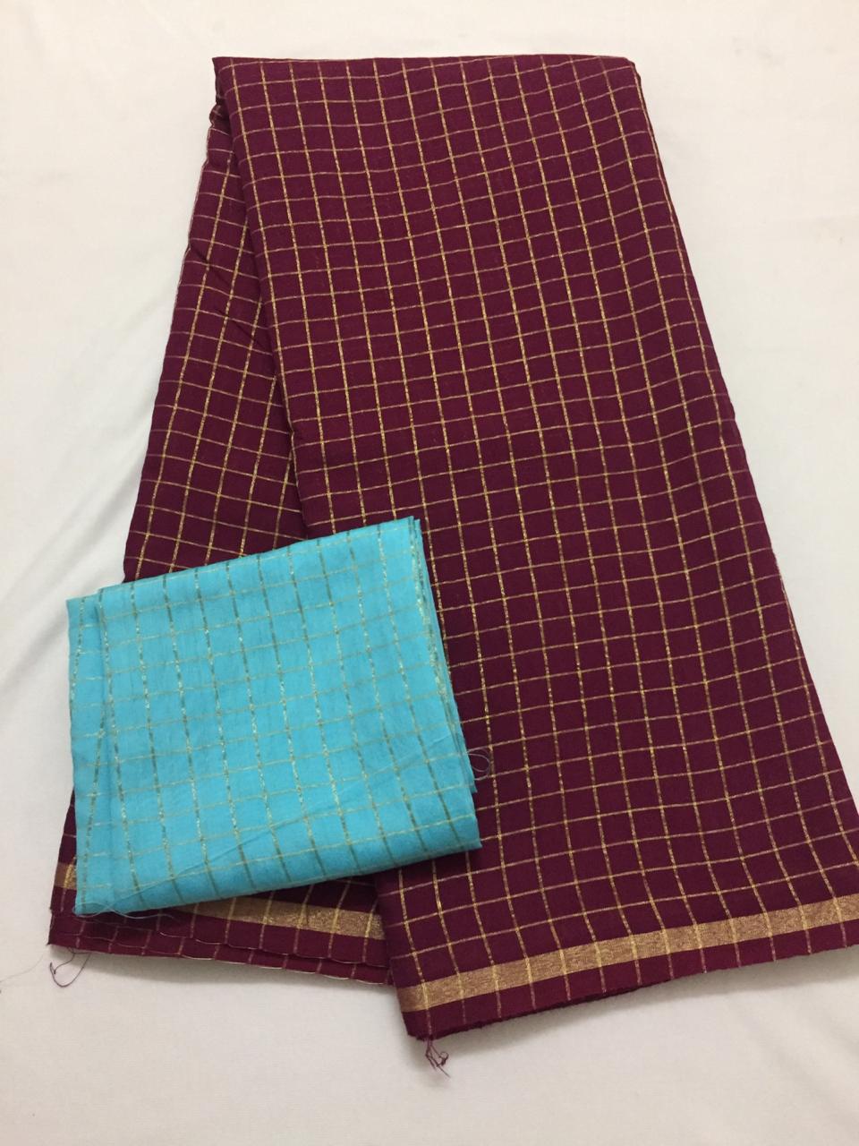 Silk zari checks saree with contrast blouse