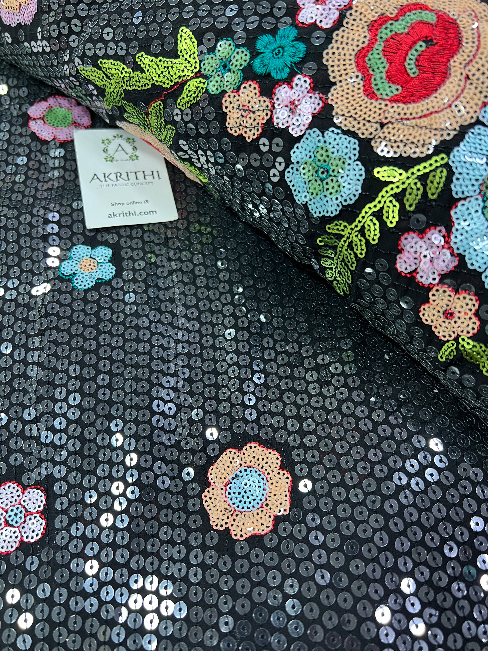 Multi colour sequin Embroidery on black Georgette fabric