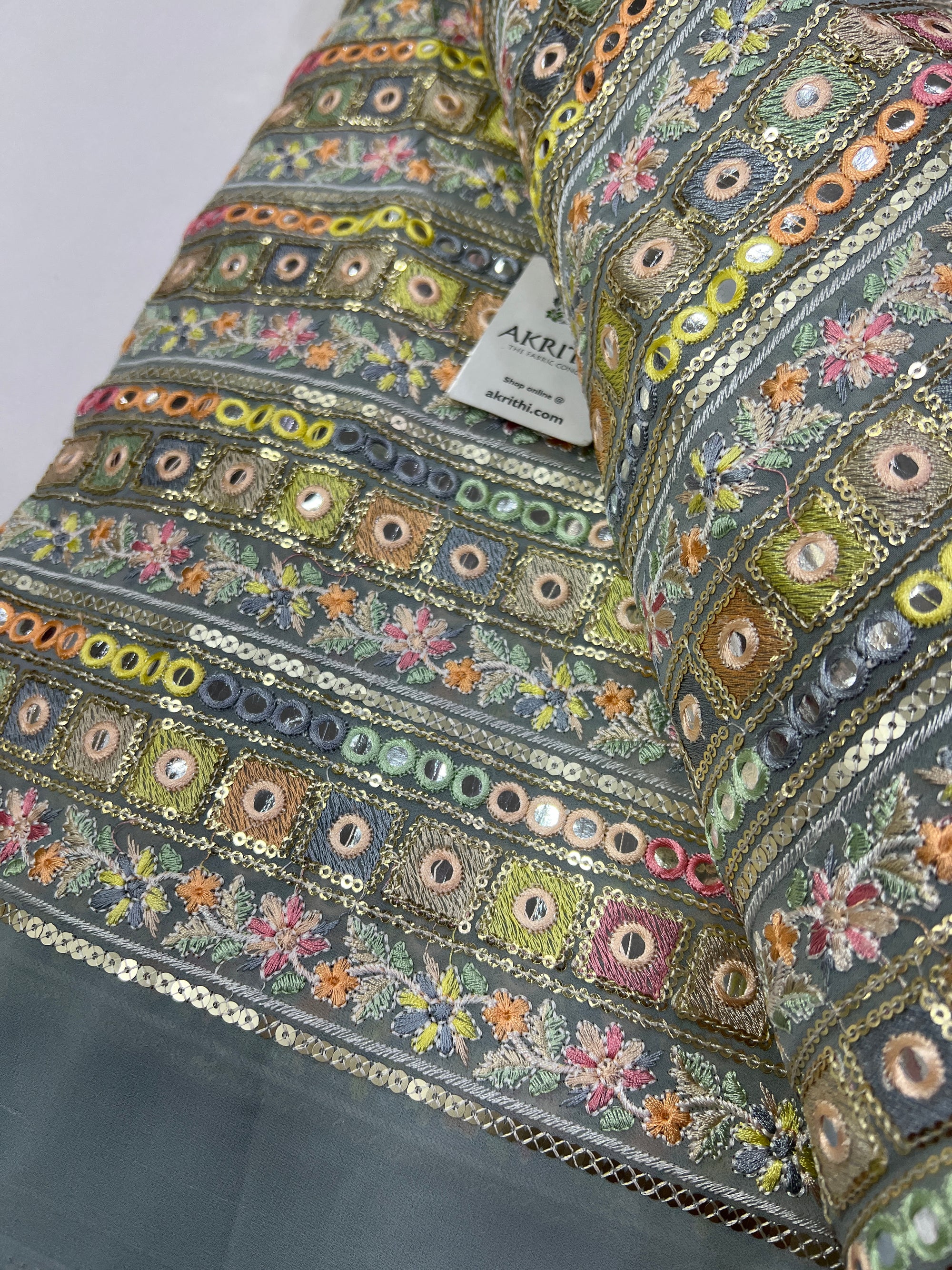 Mirror Embroidery on silver grey Georgette fabric