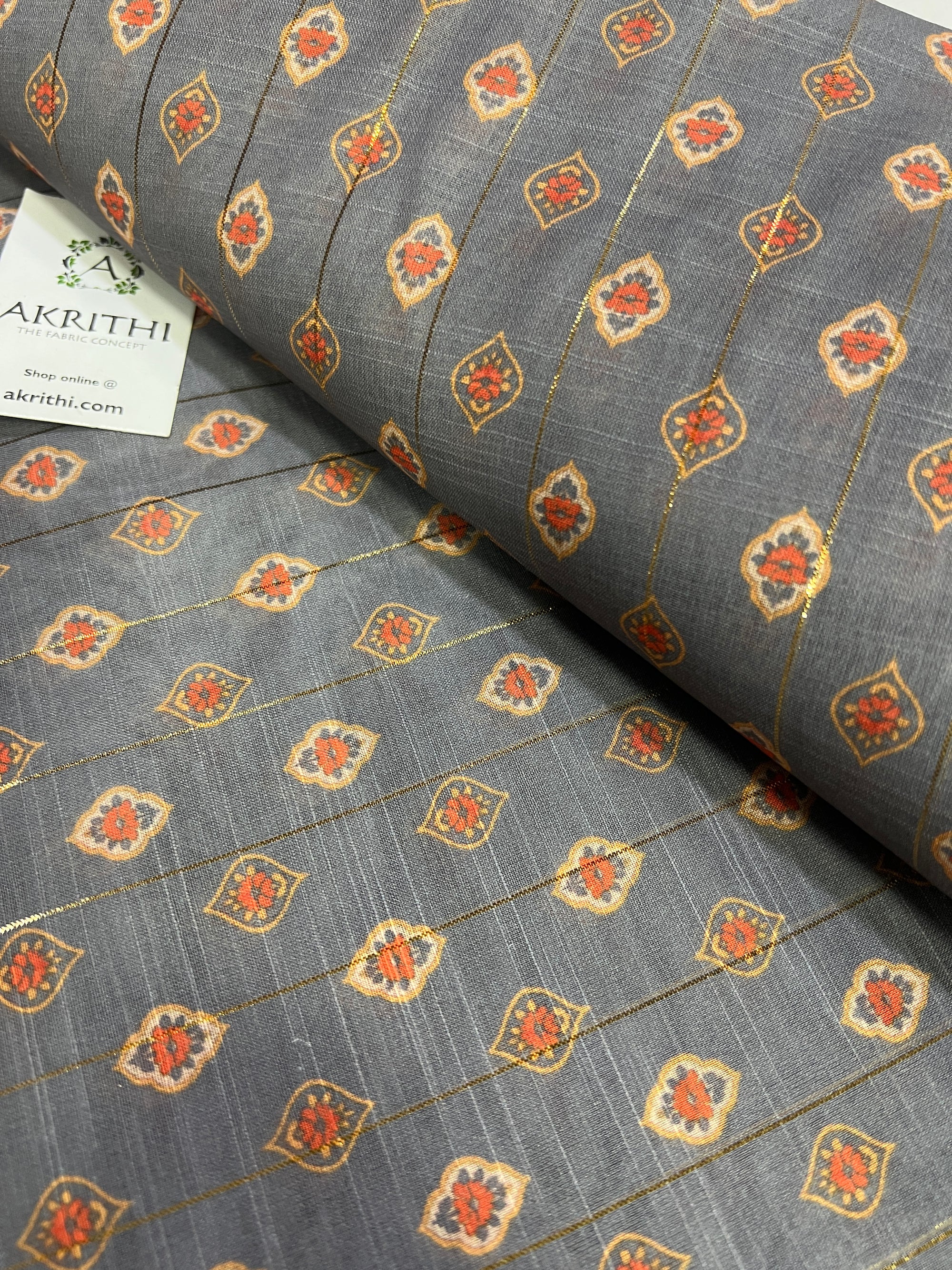 Digital printed munga cotton fabric with Zari lines