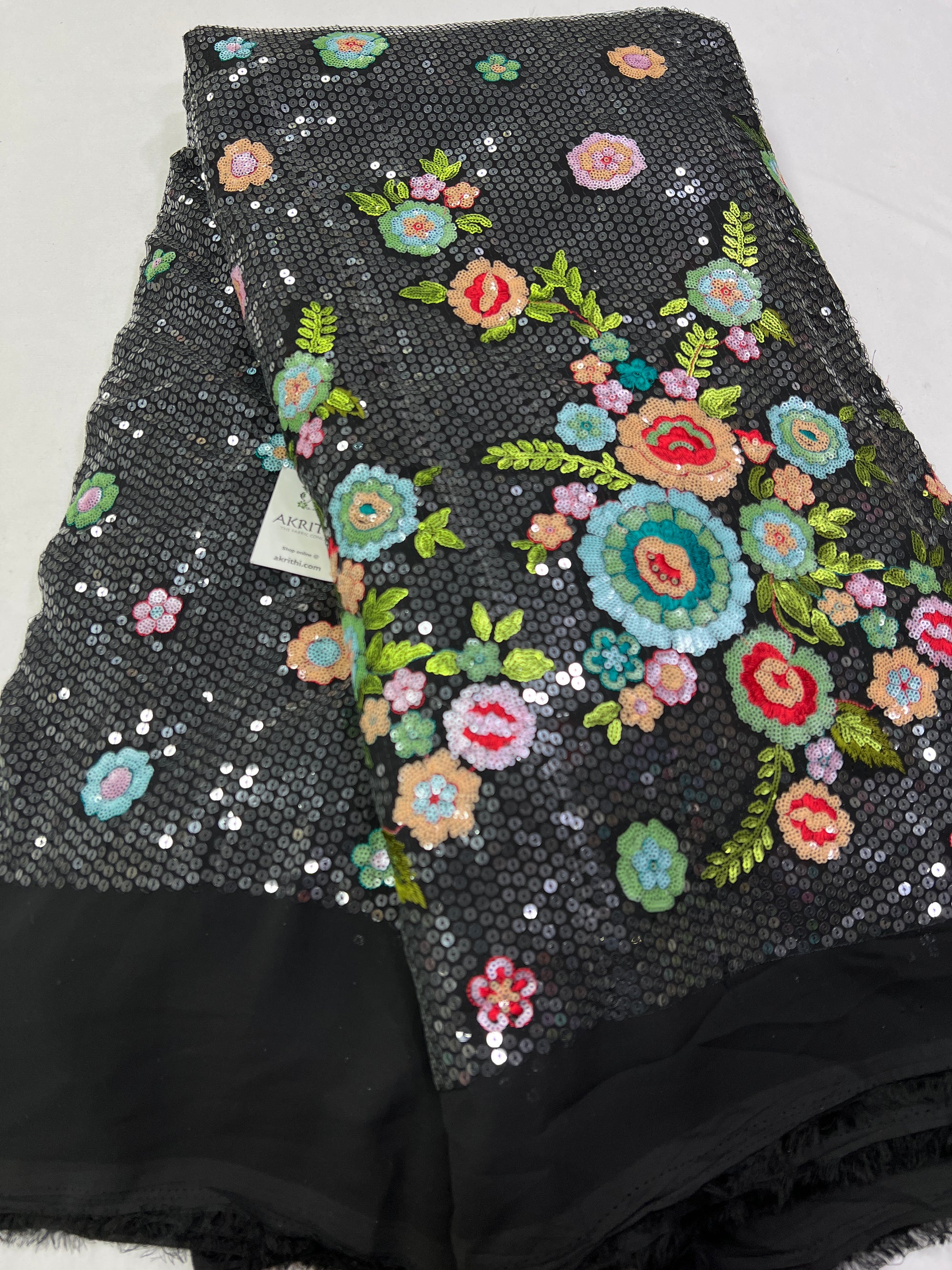 Multi colour sequin Embroidery on black Georgette fabric