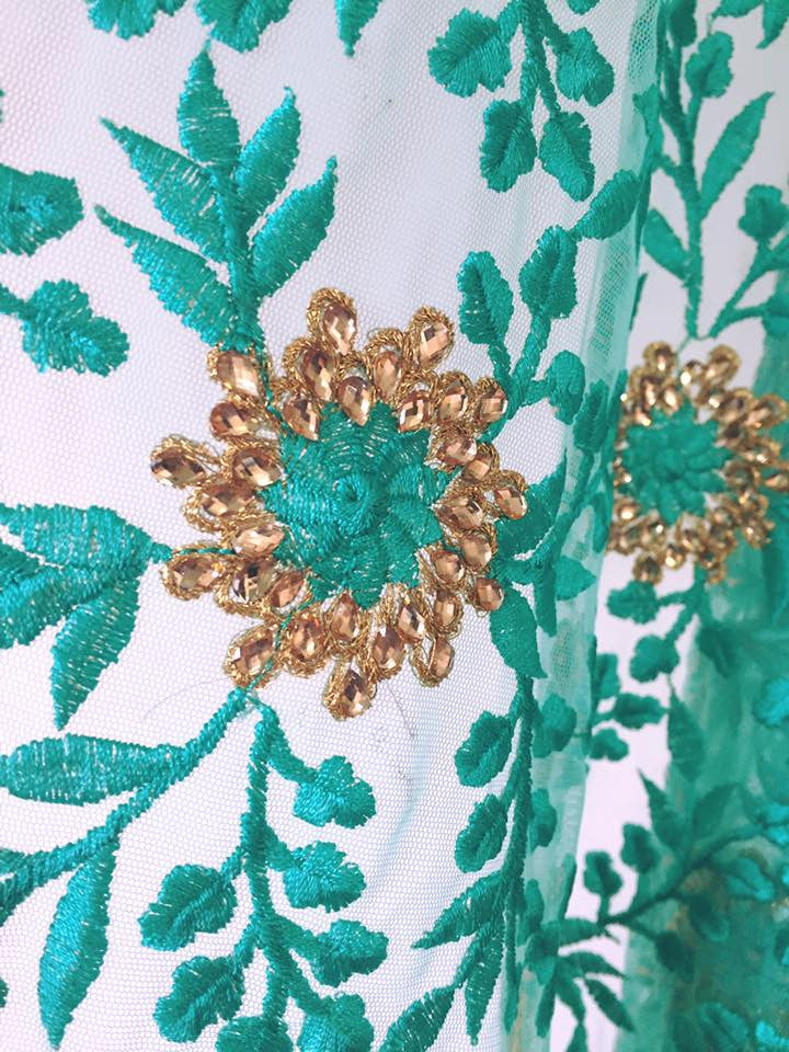 THREAD AND KUNDAN STONE EMBROIDERED NET FABRIC 80 cms cut