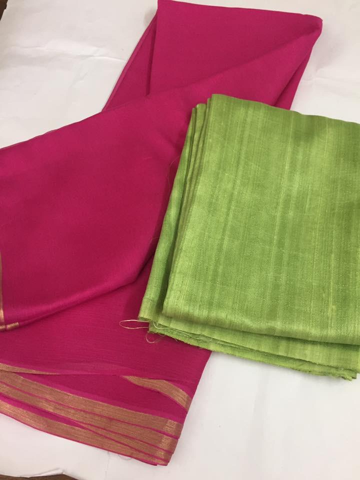 Pure silk chiffon saree with pure raw silk blouse