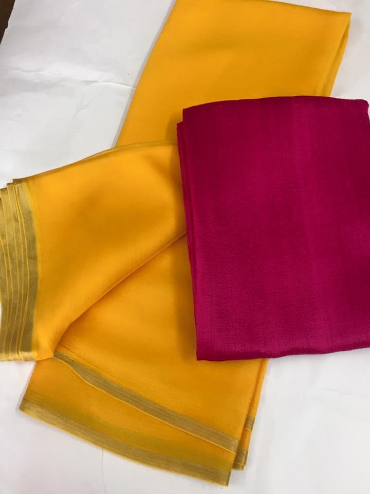 Pure silk chiffon saree with pure raw silk blouse