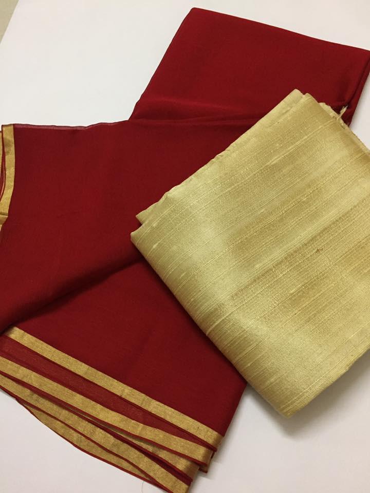 Pure silk chiffon saree with pure raw silk blouse