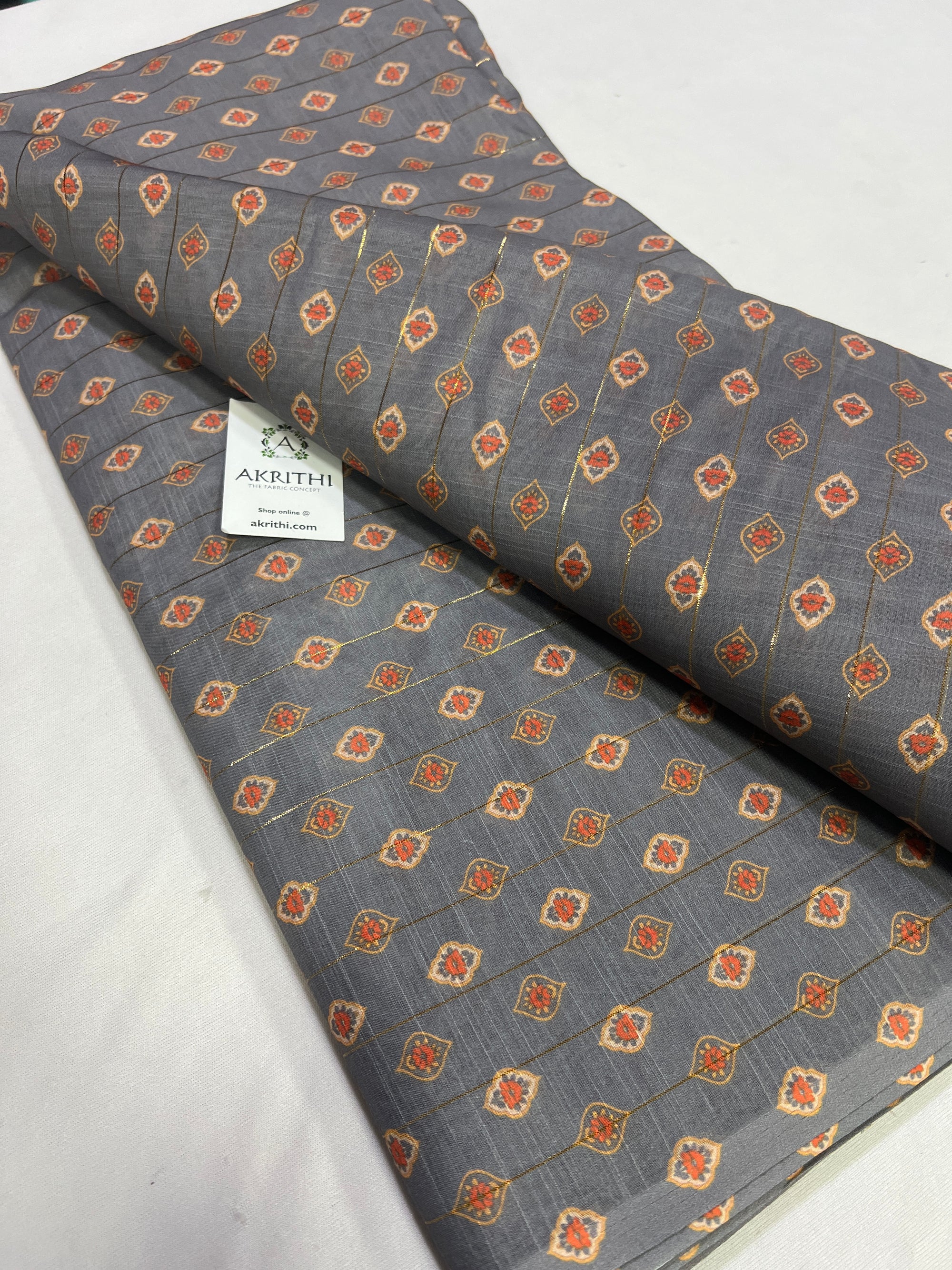 Digital printed munga cotton fabric with Zari lines