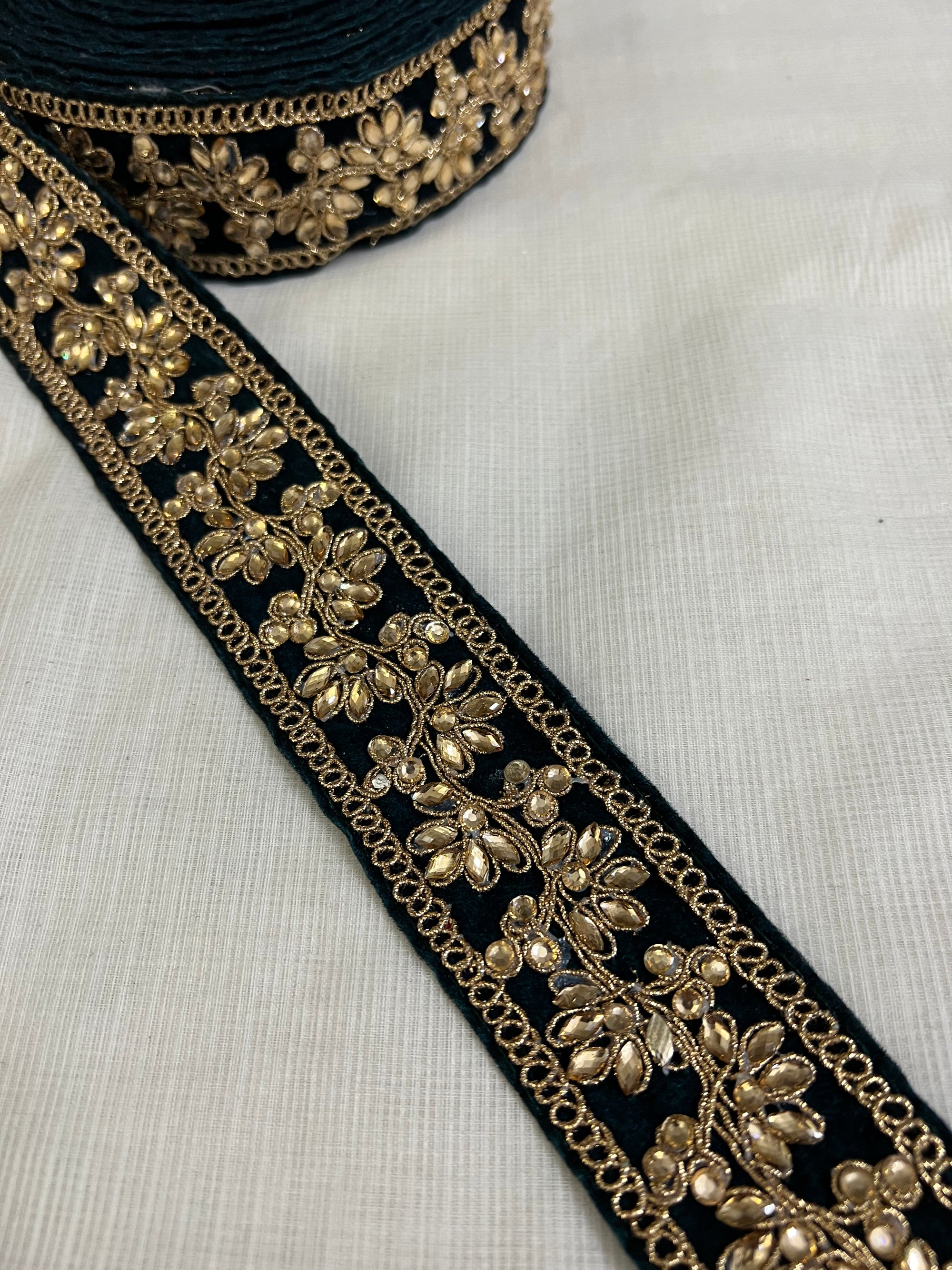 Velvet Embroidered lace 9 metres roll peacock green