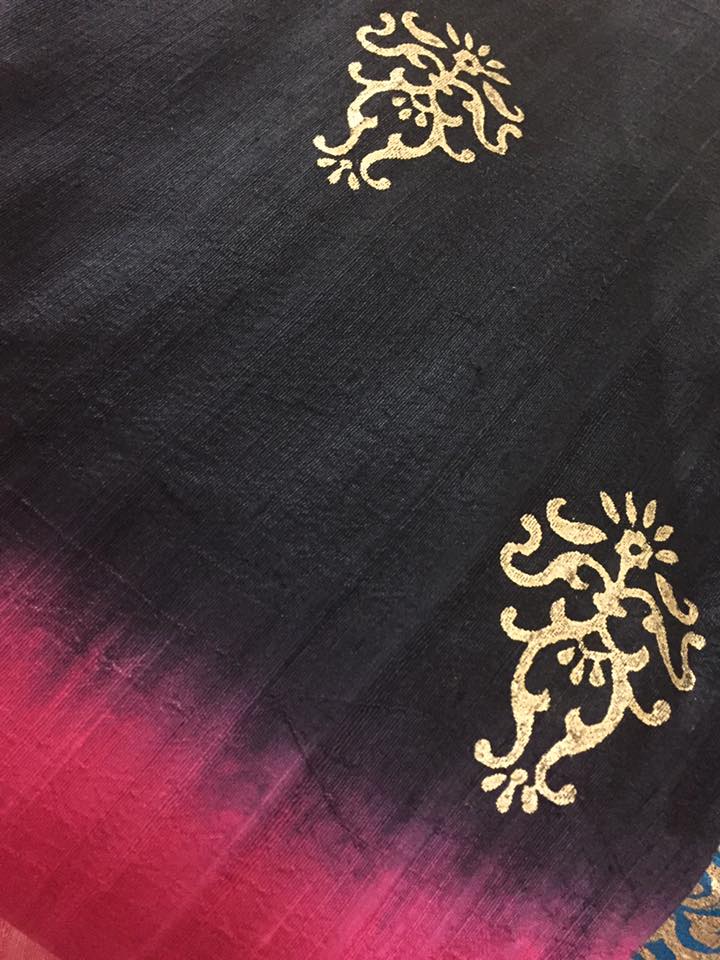 Dupion pure raw silk saree with gold print