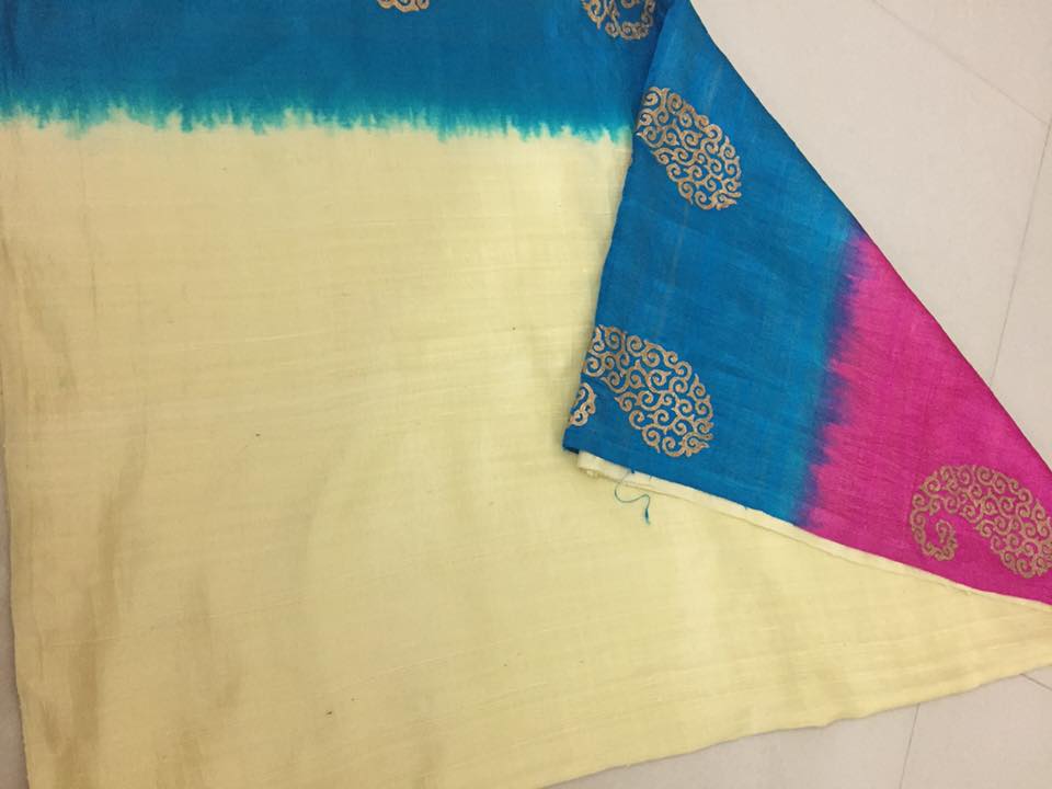 Dupion pure raw silk saree with block print