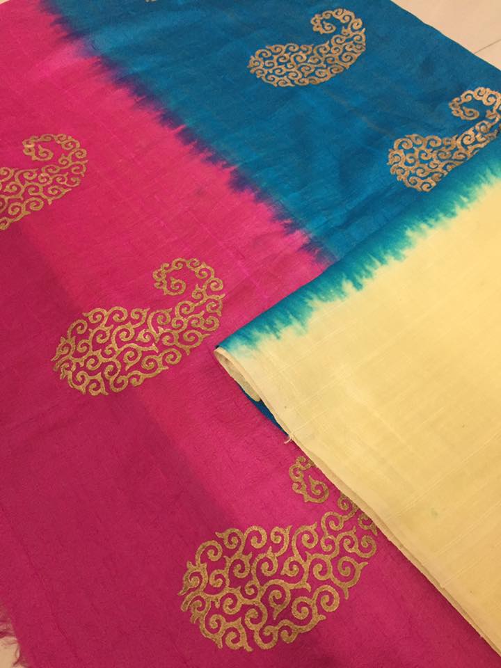 Dupion pure raw silk saree with block print