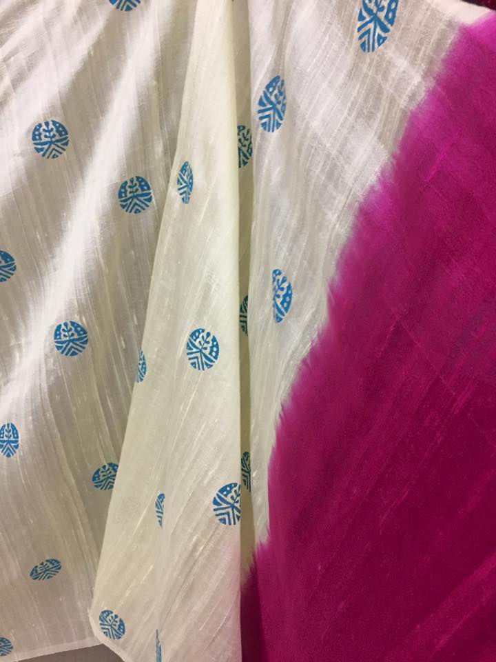 Dupion pure raw silk saree with block print