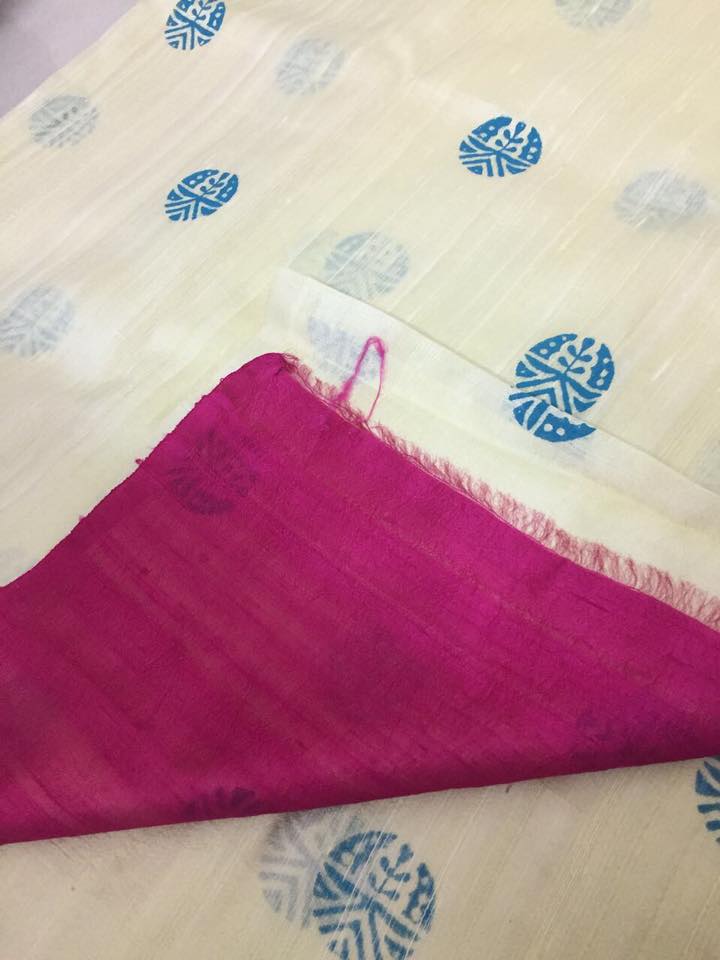 Dupion pure raw silk saree with block print
