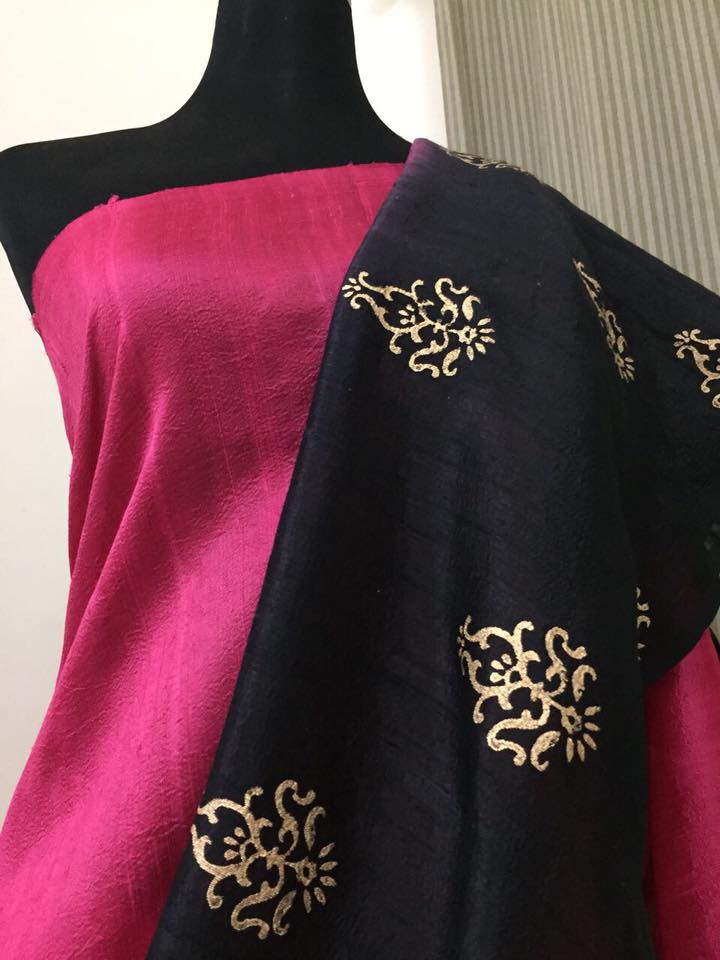 Dupion pure raw silk saree with gold print