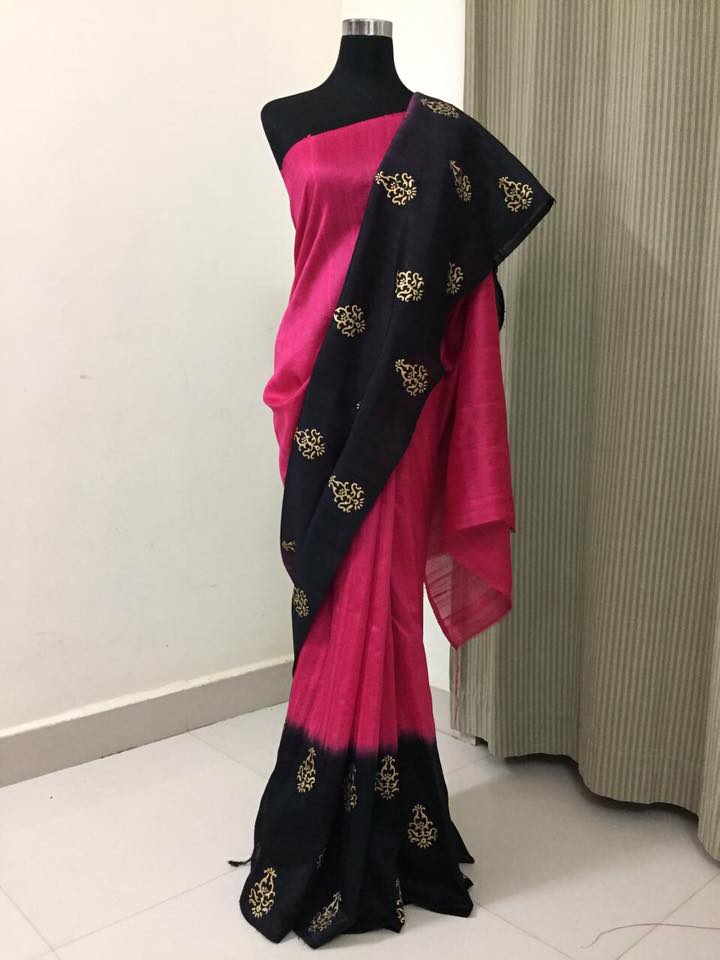 Dupion pure raw silk saree with gold print