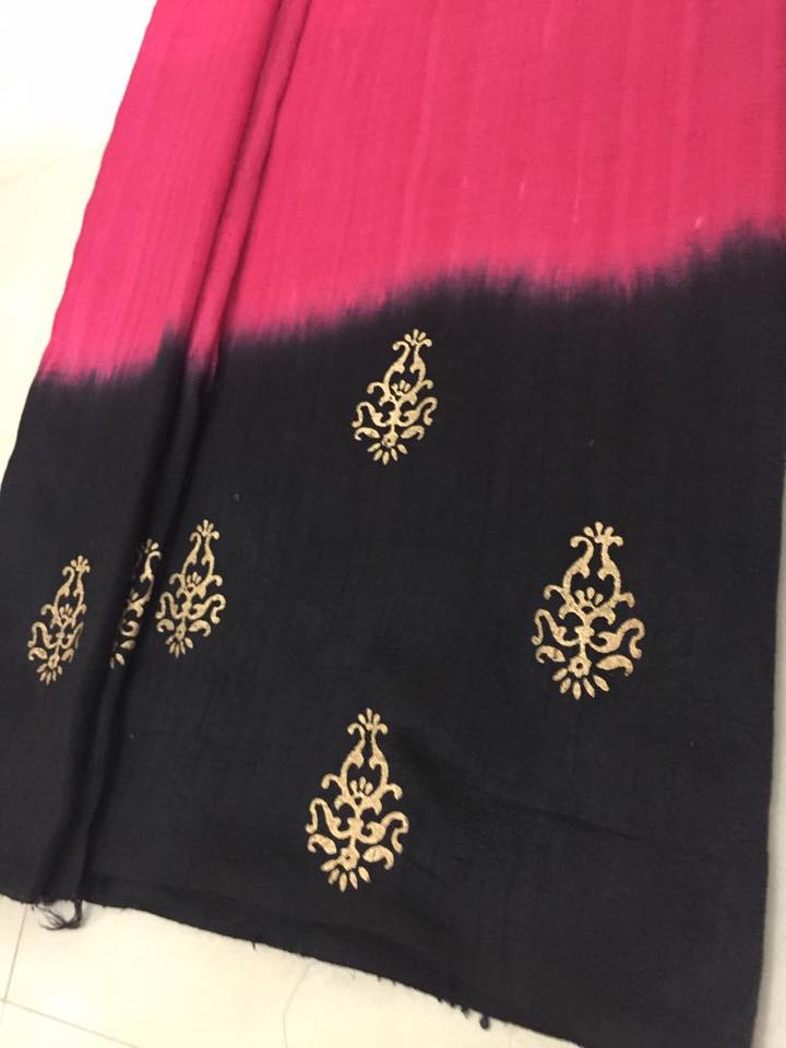 Dupion pure raw silk saree with gold print