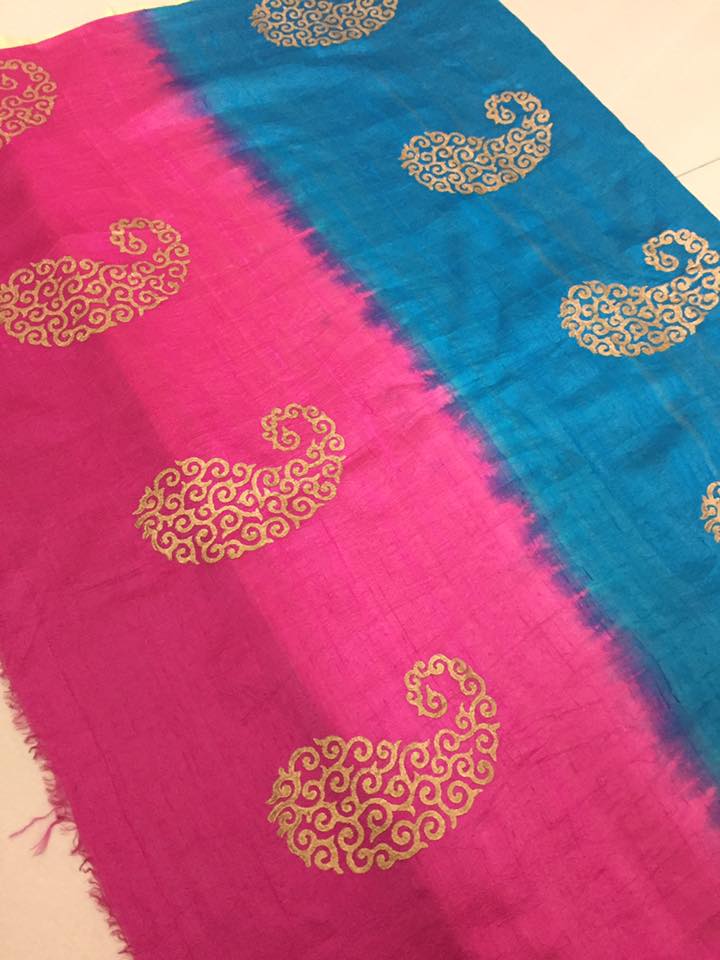 Dupion pure raw silk saree with block print