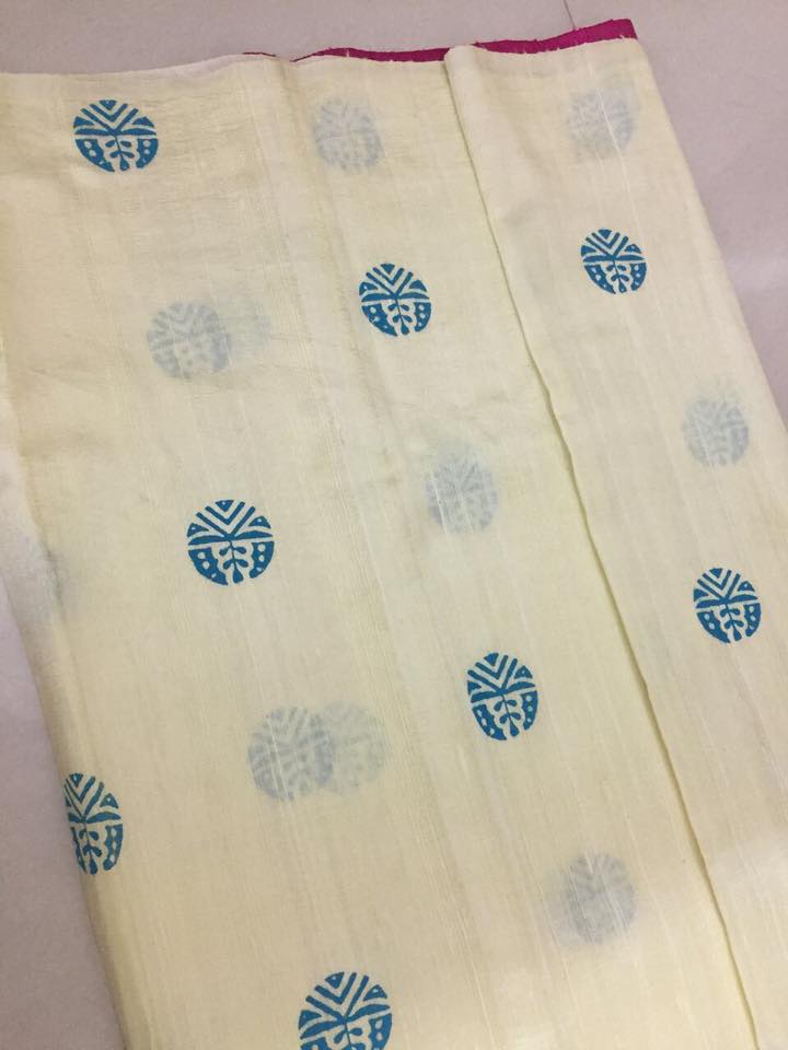 Dupion pure raw silk saree with block print