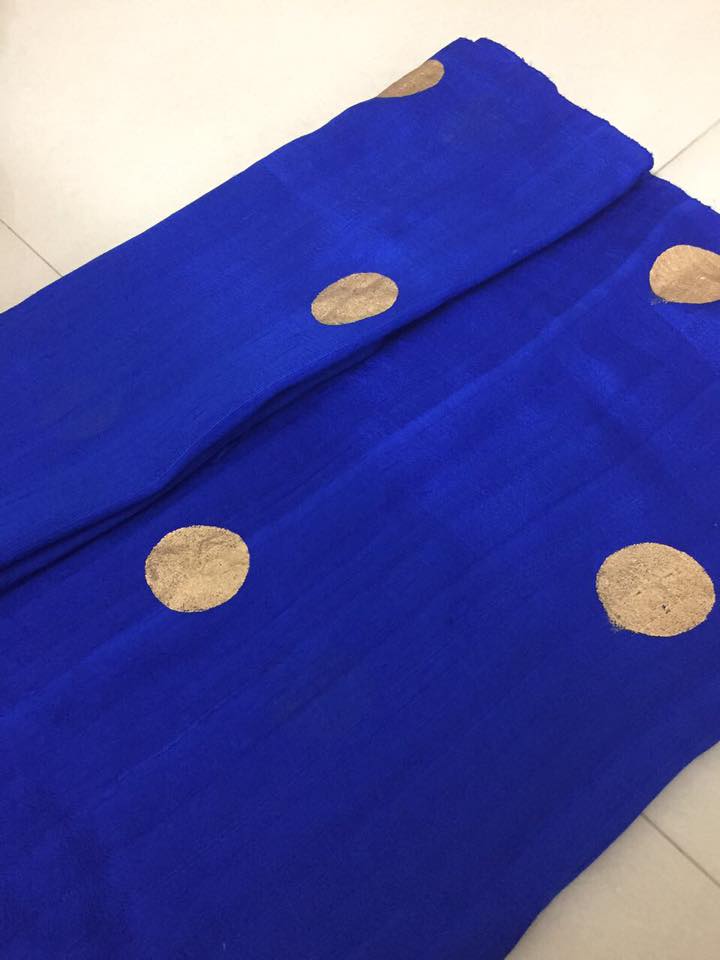 Dupion pure raw silk saree with block print