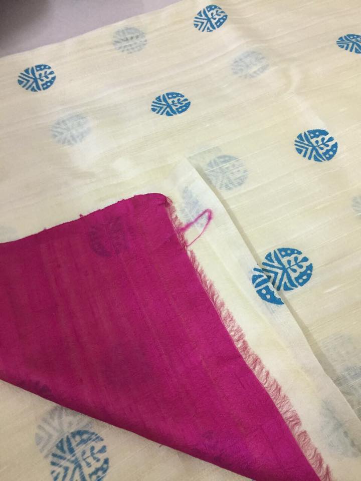 Dupion pure raw silk saree with block print