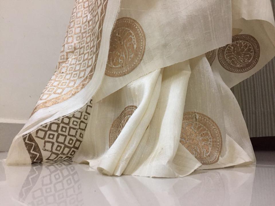 Dupion pure raw silk saree with block print