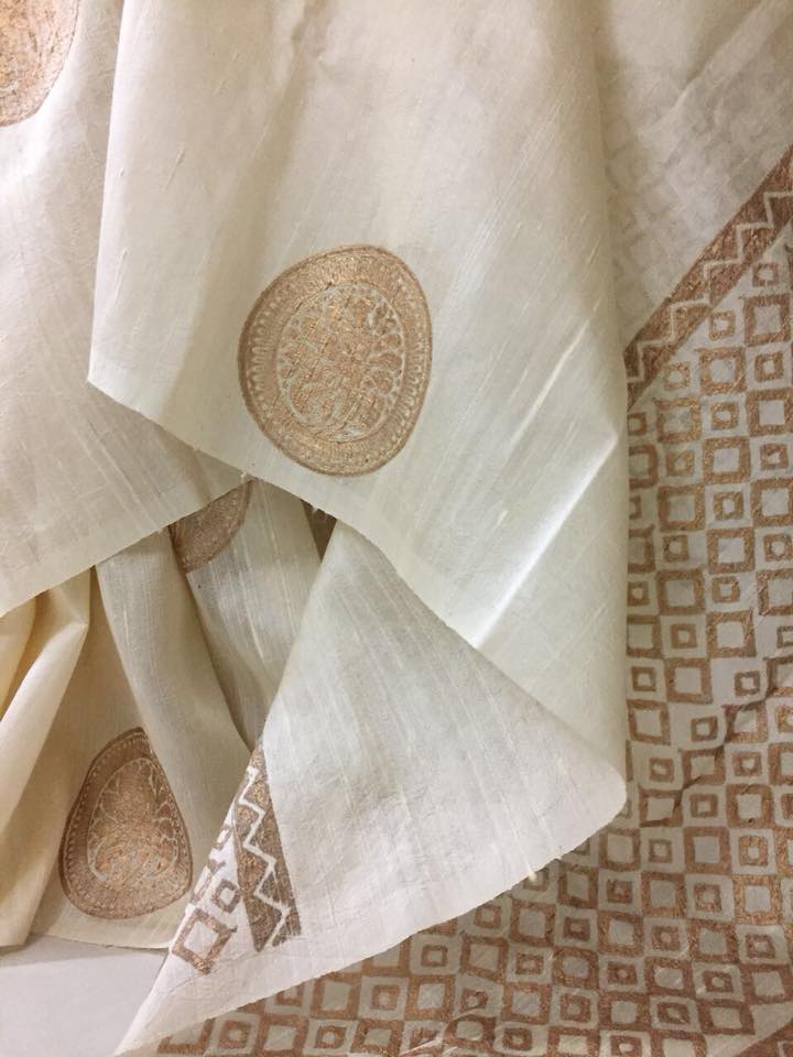 Dupion pure raw silk saree with block print