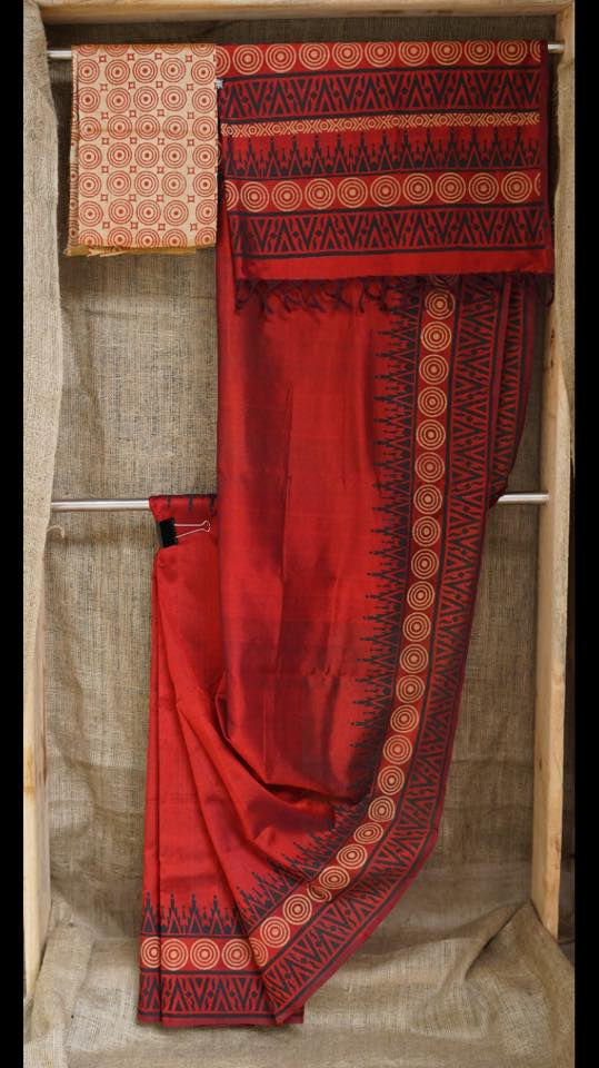 Dupion pure raw silk saree with block print