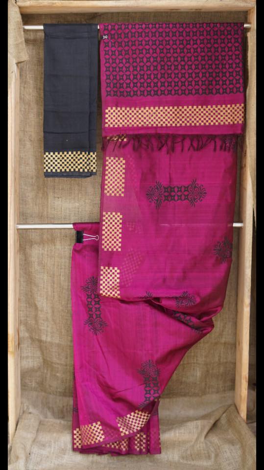 Dupion pure raw silk saree with block print