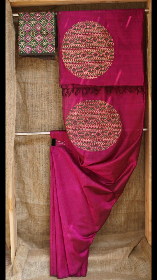 Dupion pure raw silk saree with block print