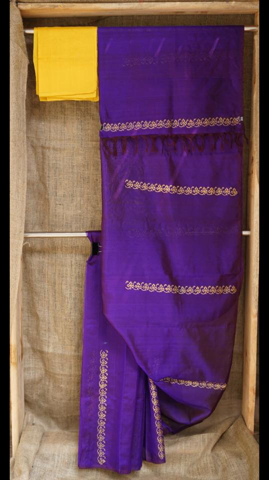 Dupion pure raw silk saree with block print