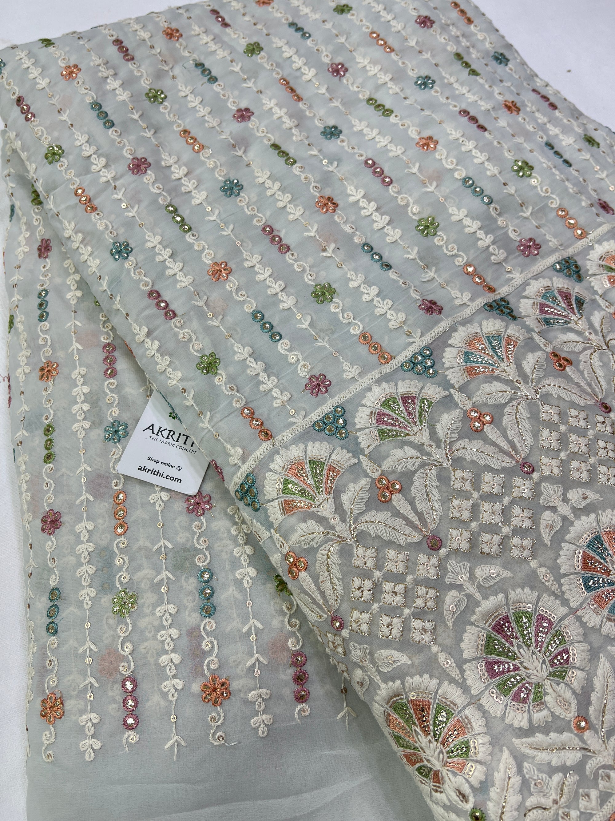 Multi colour Embroidery on light grey Georgette fabric